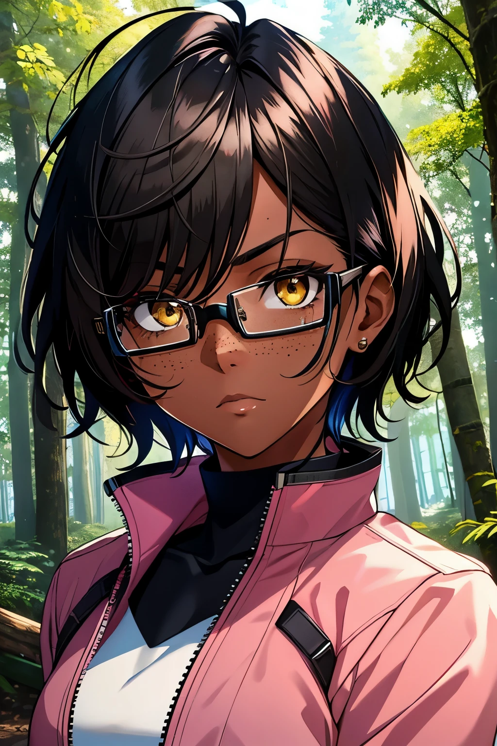 ultra-detailed, masterpiece, highest quality, 1 female, black hair, short-medium hair, yellow eyes, dark skin, dark skin, freckles on the face, serious expression, upper body, portrait, forest background, glasses, pink jacket,
