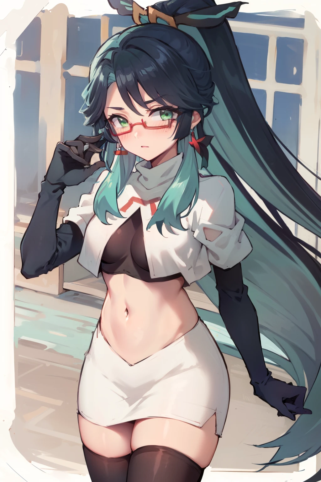 2d, masterpiece, best quality, anime, highly detailed face, perfect lighting, long hair, ponytail, multicolored hair, black hair, bangs, glasses, semi-rimless eyewear, earrings, green hair, hair ornament, jewelry, red-framed eyewear, green eyes, team rocket,team rocket uniform,white skirt,red letter R,crop top,black thigh-highs,black elbow gloves, embarrassed, blush