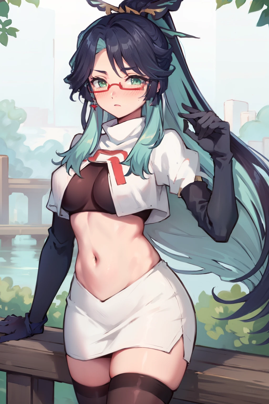 2d, masterpiece, best quality, anime, highly detailed face, perfect lighting, long hair, ponytail, multicolored hair, black hair, bangs, glasses, semi-rimless eyewear, earrings, green hair, hair ornament, jewelry, red-framed eyewear, green eyes, team rocket,team rocket uniform,white skirt,red letter R,crop top,black thigh-highs,black elbow gloves, embarrassed, blush