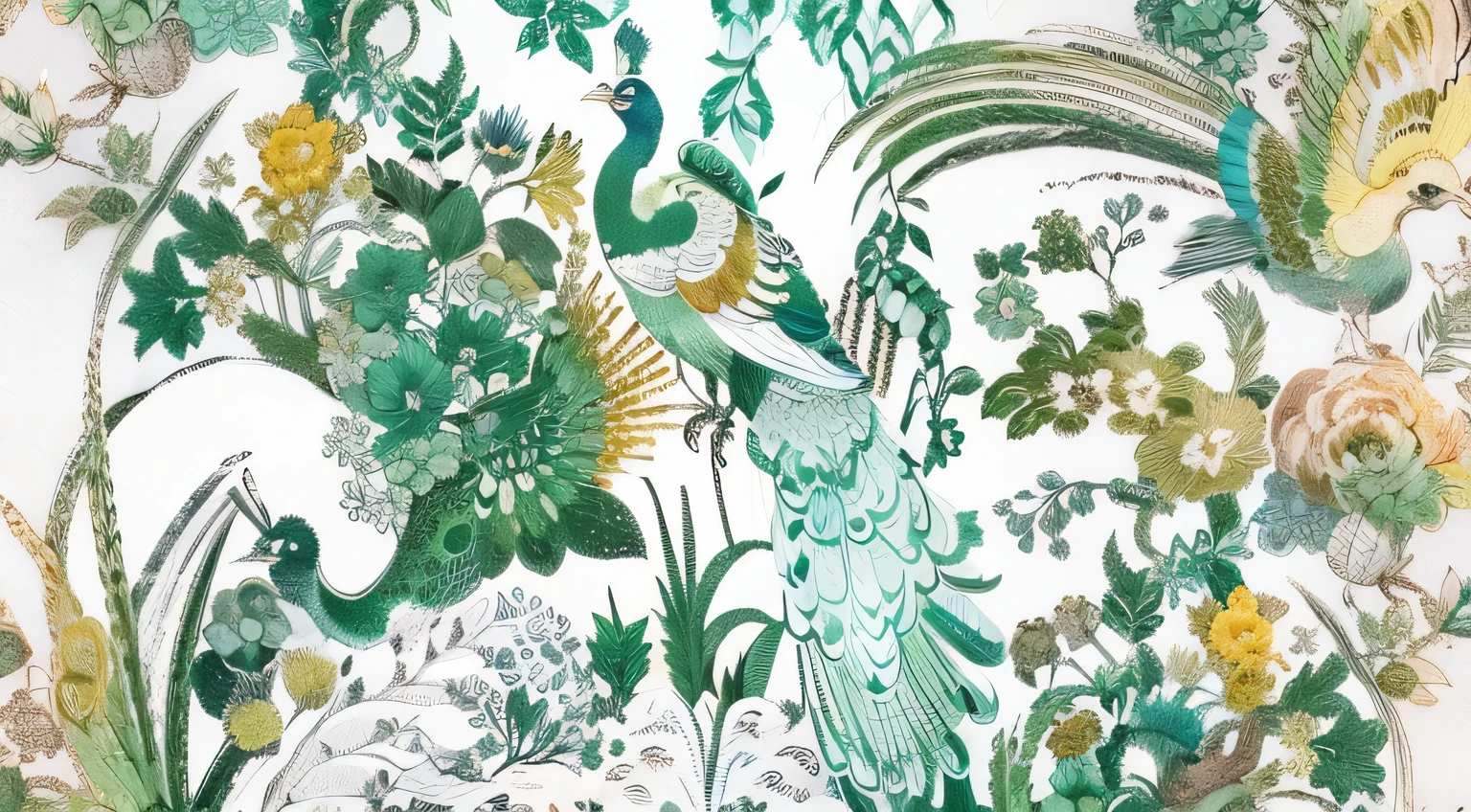 there is a painting of a Peacock and other birds in a garden, Chinese style pattern, Peacock. complicated, Peacock, dragon Peacock. complicated, complicated ink painting detail, Inspired by Theodore Rousseau, Inspired by Michel Delacroix, fabric embroidery, Inspired by Elizabeth Shippengreen, complicated patterns
