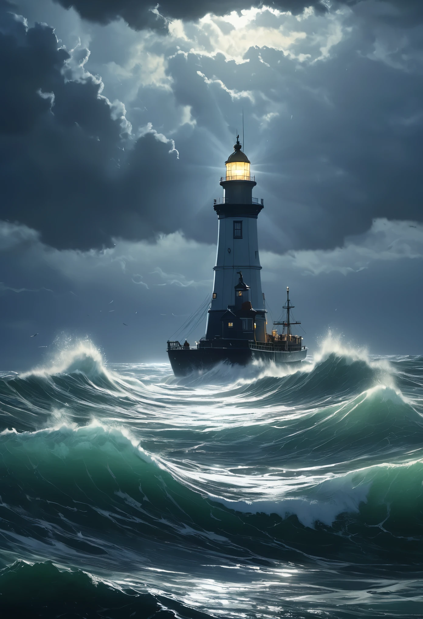 on the vast sea,stormy waves,The dim light of the distant lighthouse guides the direction of the giant ship.,8k,illustration,painting,acrylic painting,Realistic light effects,True light reflection,True light falloff,masterpiece,Super fine,hyper-realistic,Super realistic,Detailed portrayal,Detailed and accurate brushstrokes,best quality