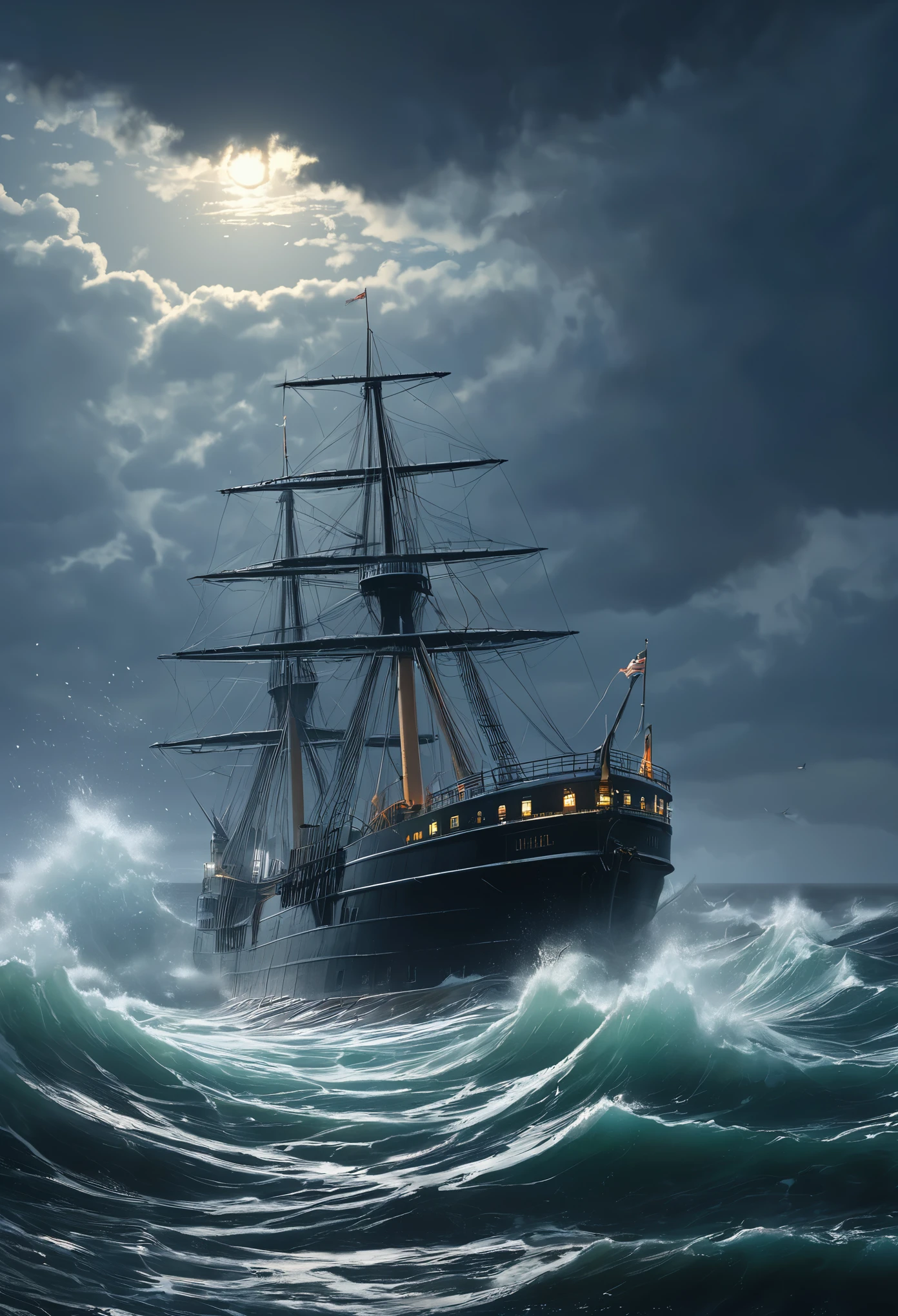 on the vast sea,stormy waves,The dim light of the distant lighthouse guides the direction of the giant ship.,8k,illustration,painting,acrylic painting,Realistic light effects,True light reflection,True light falloff,masterpiece,Super fine,hyper-realistic,Super realistic,Detailed portrayal,Detailed and accurate brushstrokes,best quality