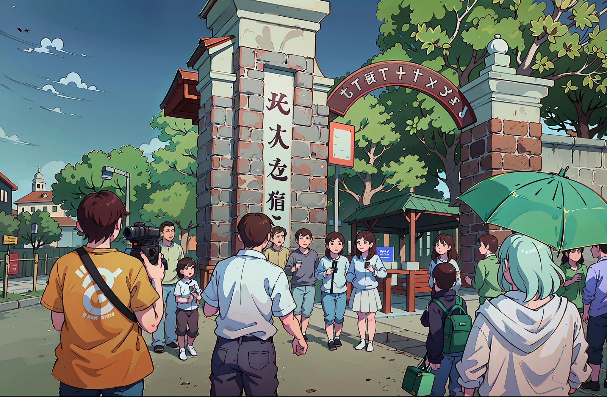 Comics,Three people at the school gate are holding books in their hands,camera shot