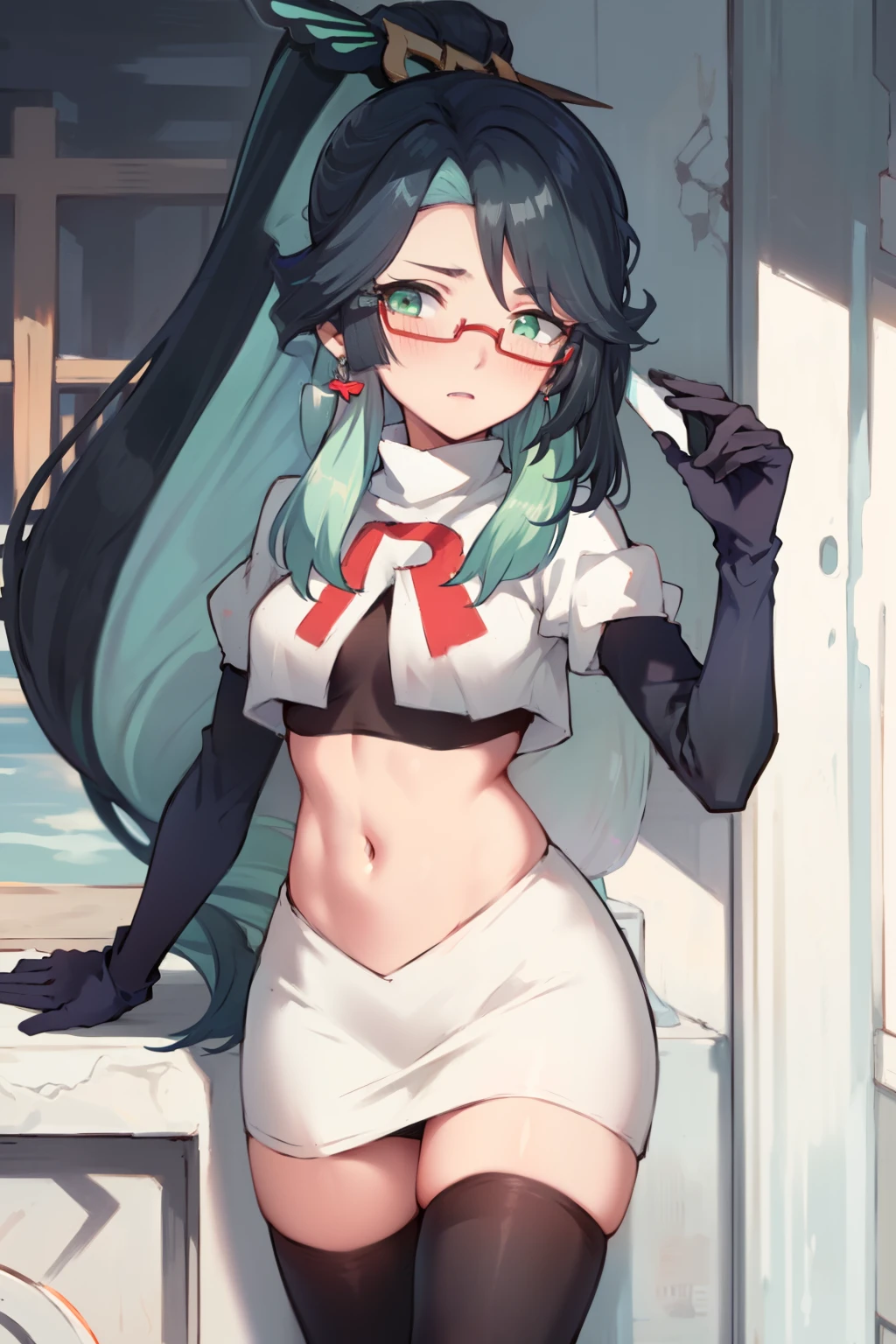 2d, masterpiece, best quality, anime, highly detailed face, perfect lighting, long hair, ponytail, multicolored hair, black hair, bangs, glasses, semi-rimless eyewear, earrings, green hair, hair ornament, jewelry, red-framed eyewear, green eyes, team rocket,team rocket uniform,white skirt,red letter R,crop top,black thigh-highs,black elbow gloves, embarrassed, blush