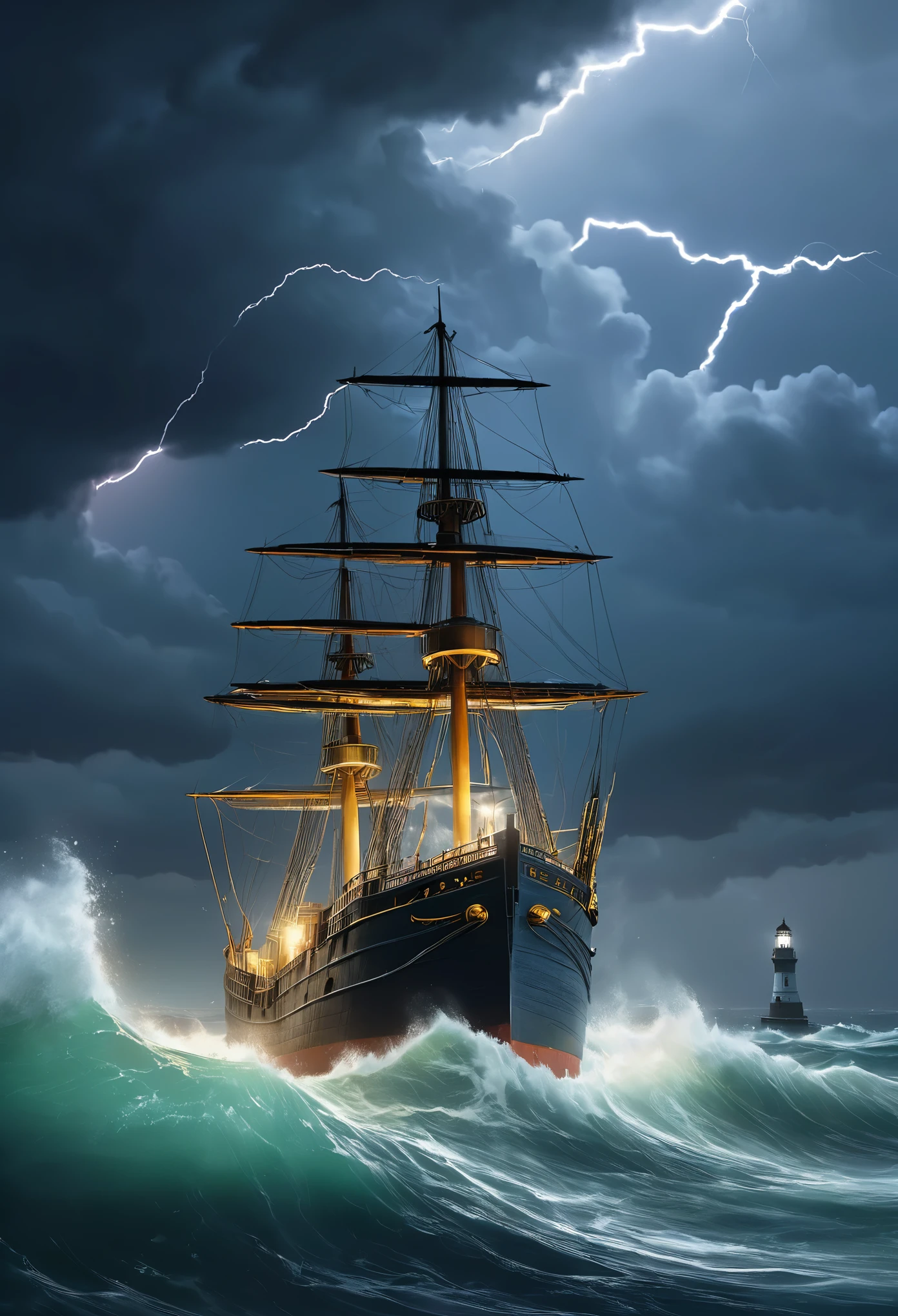 heavily clouded,lightning,on the vast sea,stormy waves,The dim light of the distant lighthouse guides the direction of the giant ship.,8k,illustration,painting,acrylic painting,Realistic light effects,True light reflection,True light falloff,masterpiece,Super fine,hyper-realistic,Super realistic,Detailed portrayal,Detailed and accurate brushstrokes,best quality