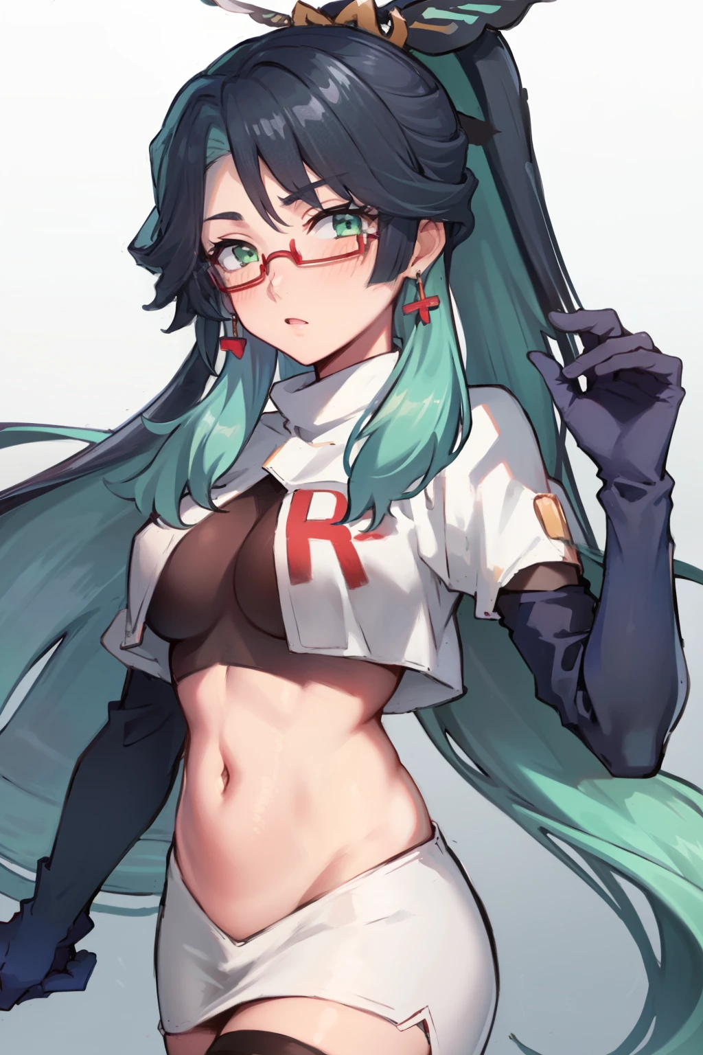 2d, masterpiece, best quality, anime, highly detailed face, perfect lighting, long hair, ponytail, multicolored hair, black hair, bangs, glasses, semi-rimless eyewear, earrings, green hair, hair ornament, jewelry, red-framed eyewear, green eyes, team rocket,team rocket uniform,white skirt,red letter R,crop top,black thigh-highs,black elbow gloves, embarrassed, blush