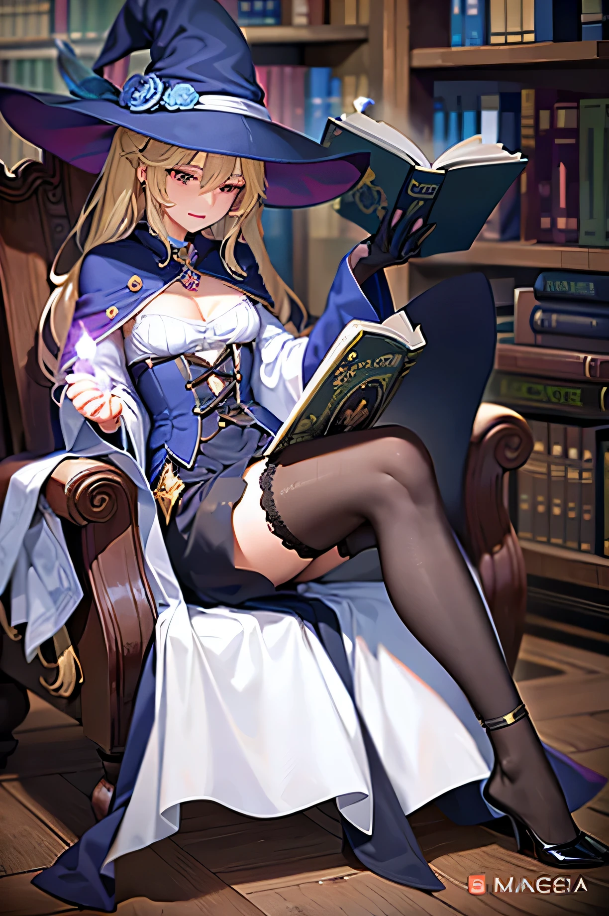 masutepiece, Best Quality,  the Extremely Detailed CG Unity 8K Wallpapers,  Sexy Witch Cosplay, long dark blonde wavy hair、off-shoulder knit, darkblue pleated skirt, Medium milk, hanging breasted, cleavage, Blushing, Shy laughter, Bare shoulders, (Leaning forward),、Sexy lace underwear、Black high heels、Luxurious magic wand and book、Inside the castle church、sexy  pose