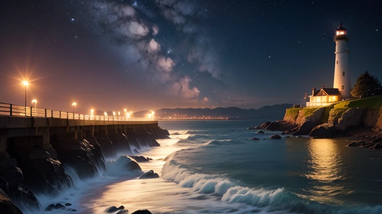 Lighthouse、night、It lights up in the distance in two directions.