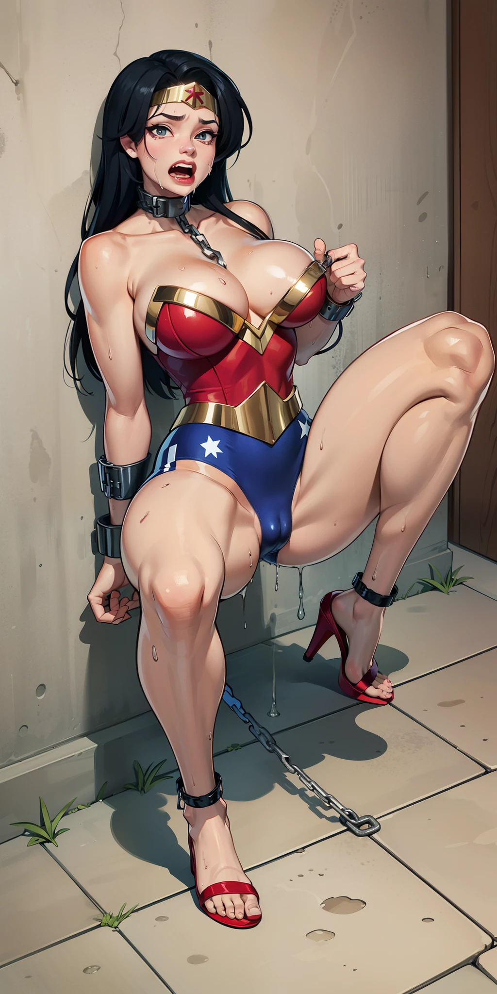 (( His shorts are tattered, Your blouse is tattered, Your mesh is tattered, his uniform is tattered, seu traje esta esfarrapado, your clothes are tattered, his pantyhose are shredded and with holes)) sem calcinha, no-bra. WONDER WOMAN SUPERHEROINE . She's sweaty all over her body. (( She's on all fours on the floor and on her back )) Crescer, ela tem 30 anos. She's screaming in terror, She's terrified, She's crying a lot. Ela tem cabelos pretos, ela tem cabelos compridos. ((She's leaning against a corner of the wall, enrolado )). She wore a suspension belt and Fishnet Footless pantyhose and maid's lace line. Capturado, Sequestrado, abandonado, Torturado, escravizado, envergonhado. ((His hands are attached to the wall by handcuffs with thick chains. His ankles are tied to the ground by handcuffs with thick chains)). She screams and begs for mercy, Ela cai no choro. The ropes run down the middle over her back through her married sleeve swimsuit to tie her legs just above her knees and ankles. Wearing a thick metal necklace around the neck with a chain. Forced into prostitution. ( your clothes are wet, your pubis is swollen ) (Sua urina corre pelas pernas dela, dripping on the floor. (( She's wearing painful slave heels.)). She's all scratched. Areola of the protruding breasts.