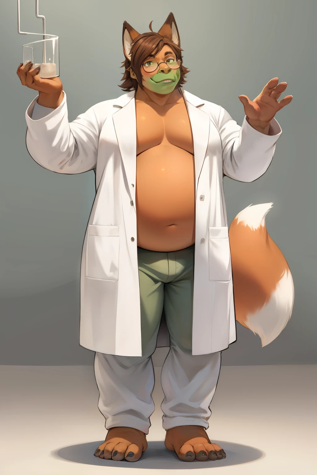 A chubby male fox orc,Height 160,Weight 85kg,The hair on the mouth and face is white,The color of the hands and feet is dark brown,Orange elsewhere,wearing glasses,Wearing a white lab coat for experiments