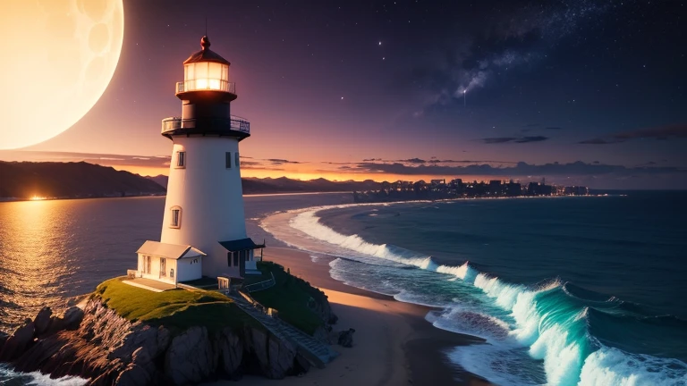 Lighthouse、night、It lights up in the distance in two directions.,嵐のnight
