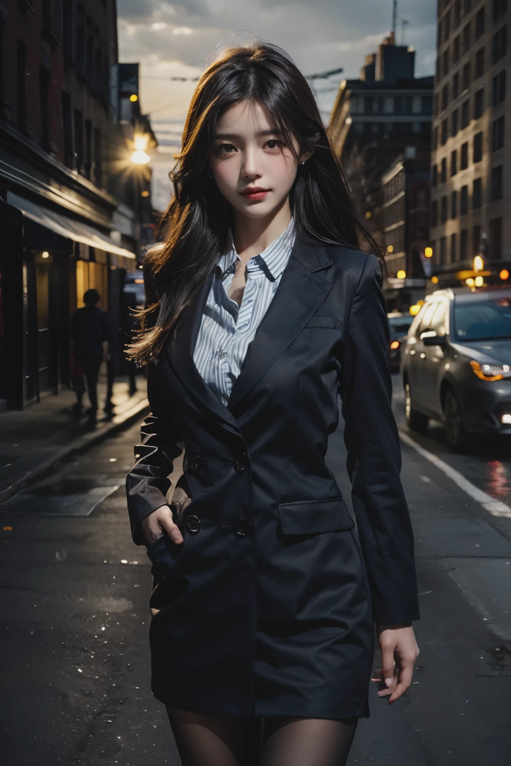 1 girl, (look at viewer:1.2), face details,  (The girl stood., Show results on cgsociety, dark shadow, Streaming, New York backdrop), Romantic style, atmosphere, (raw photos, best quality), (realistic, photo-realistic:1.3), Masterpiece, Delicate and extremely beautiful, very detailed,
