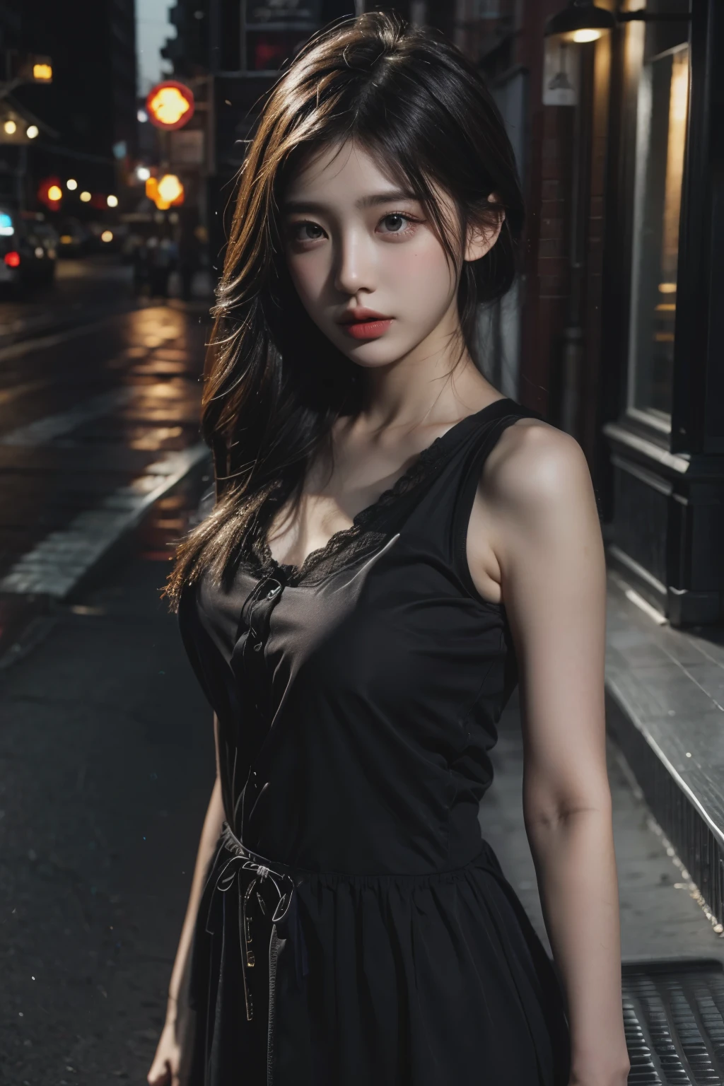 1 girl, (look at viewer:1.2), face details,  (The girl stood., Show results on cgsociety, dark shadow, Streaming, New York backdrop), Romantic style, atmosphere, (raw photos, best quality), (realistic, photo-realistic:1.3), Masterpiece, Delicate and extremely beautiful, very detailed,