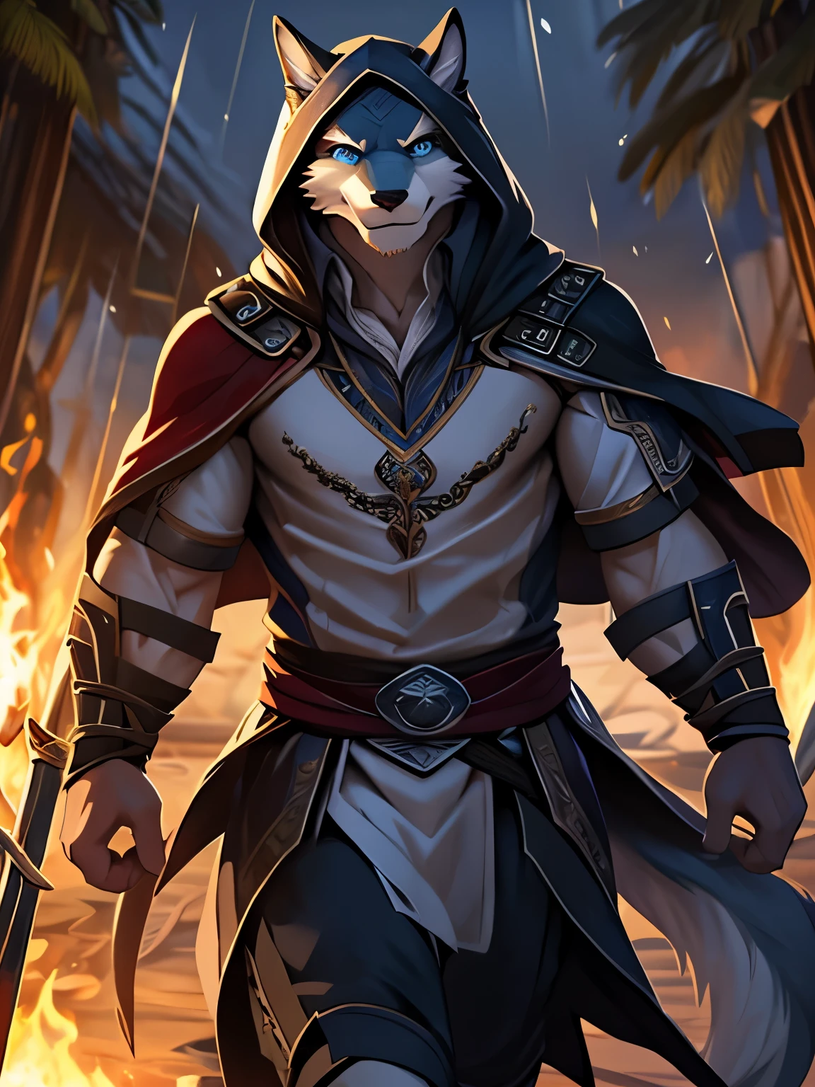4k, ,8K, A high resolution, best quality, perfect colors, perfect shadows, perfect lighting, posted on e621, (by Chunie), male, furry, Argo (/knights college/) anthro, ( tail), solo, fur, Blue eyes, (Realistic eye details 1.2), Assassin's creed suit wear, white assassin robe, hidden blades, equip dual hidden blade's, Assassin's Creed style cape, blade's in hand, fighting pose, fighting, in a panoramic view, abs, masterpiece, Slim body, full body like, walking through a burning Rain forest, dramatic lighting, soft lighting, day, highly detail, Hair coiled, a sharp gaze, a gaze of killing intent, fit body, perfect male figure, Detailed fur, Detailed face, (Complex), (Super Detail), (Ultra Clear), (Best Quality)