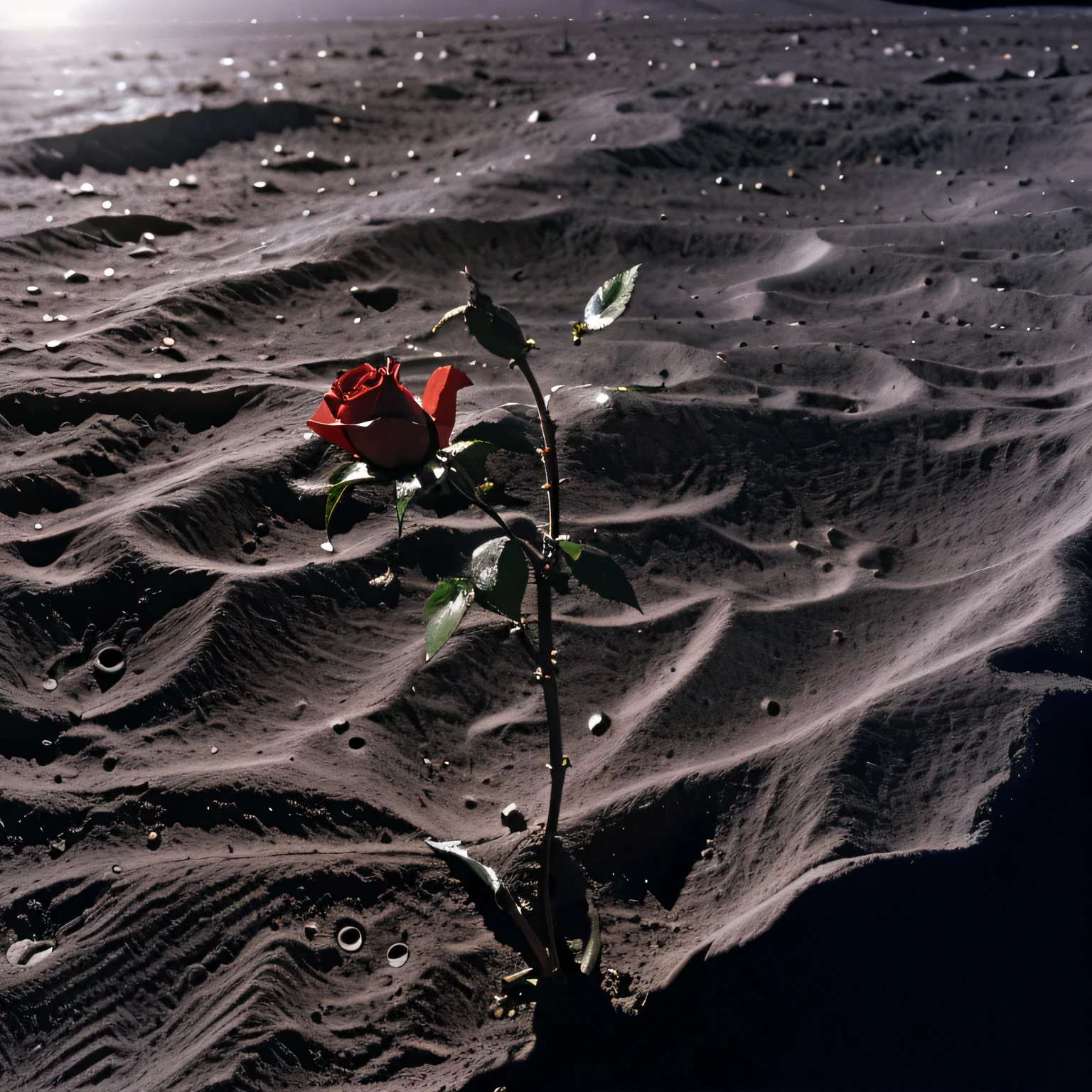 masterpiece,best quality,extremely complex,A red rose grows on the surface of the moon,real Light and shadow,bloom,Light, Light线追踪, chiaroscuro, depth of field, macro photo