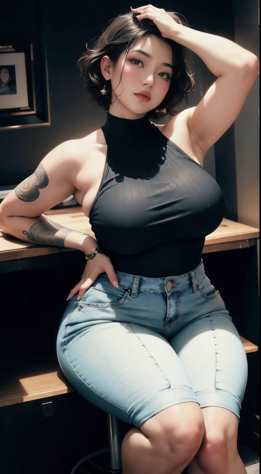 ((best quality)), ((masterpiece)), (detailed), perfect face, Beautiful, mother-in-law, asian-Indonesian , voluptuous, wearing random clothes (formal), In the black room, seductive expression, chubby body, nice body, milf chubby, chinese-Indonesian. Full body, big arm, wide hips , wearing a sneakers, bob hairstyle, baby face , chubby cheeks, 35 year old, chubby tall woman, tattooed thighs , yakuza tattoos , big thighs, big armpits , chubby massive cheeks , thick neck, cold atmosphere, low light, wavy short haired, big breasts, showing her armpits , thick woman , turtleneck, thick woman . Full body, wearing shorts pants