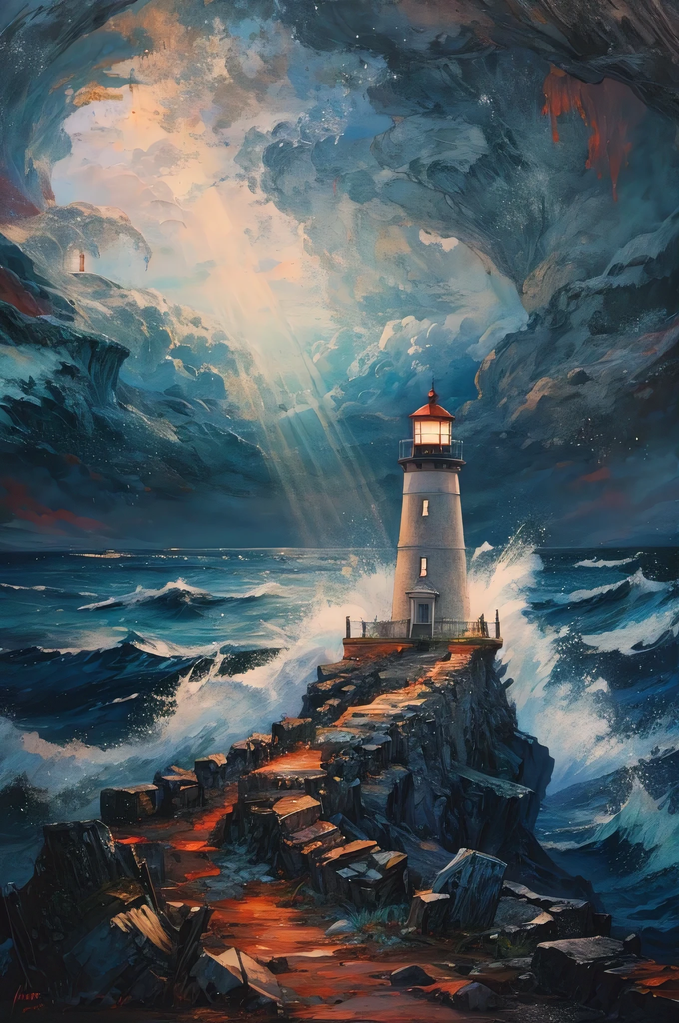 (best quality, masterpiece:1.2), an oil painting of a lighthouse at the end of the world, surreal, visible light beacons