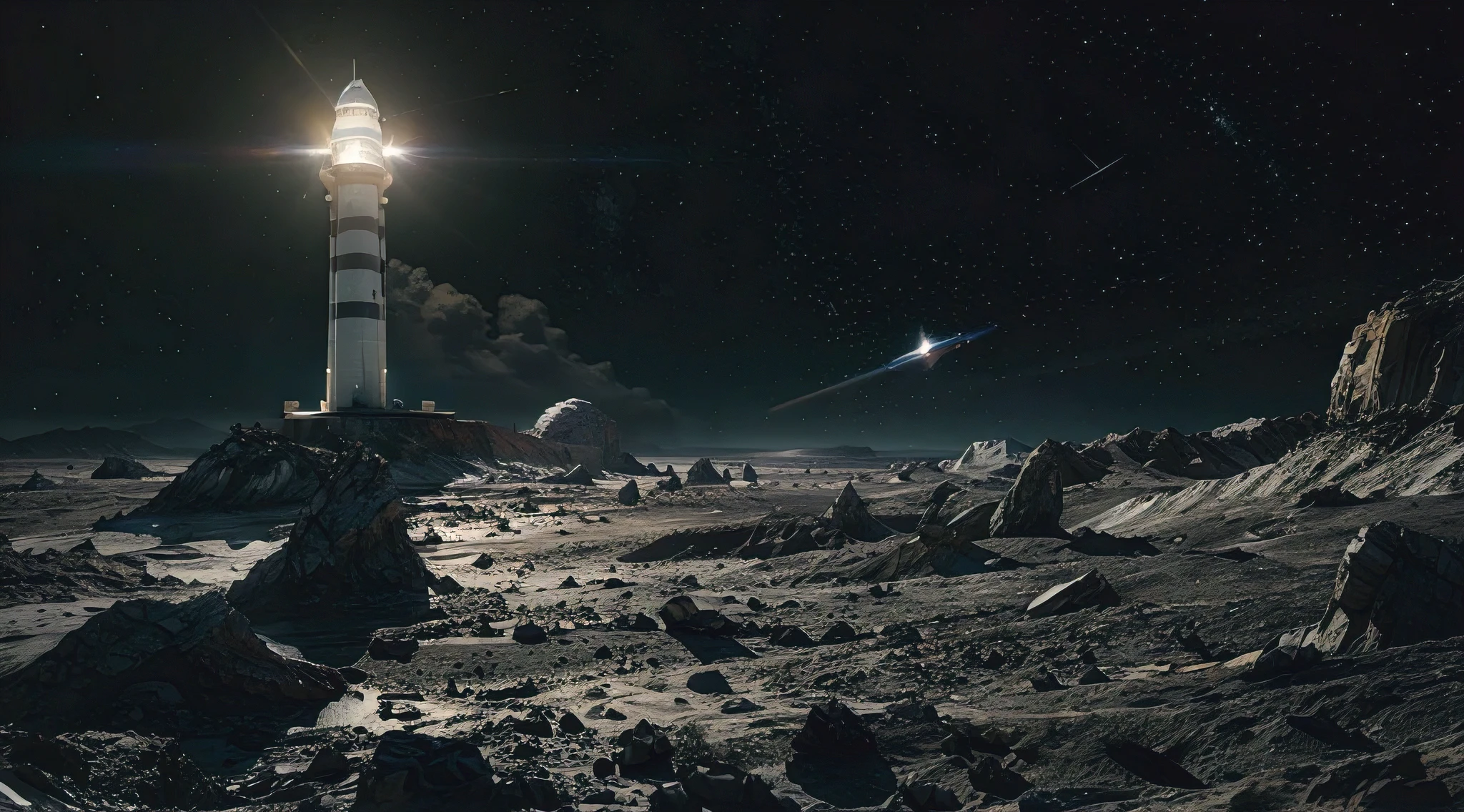 (best quality, masterpiece:1.2), an interstellar lighthouse on an asteroid, asteroid field, visible starship at the horizon, volumetric lighting octane render