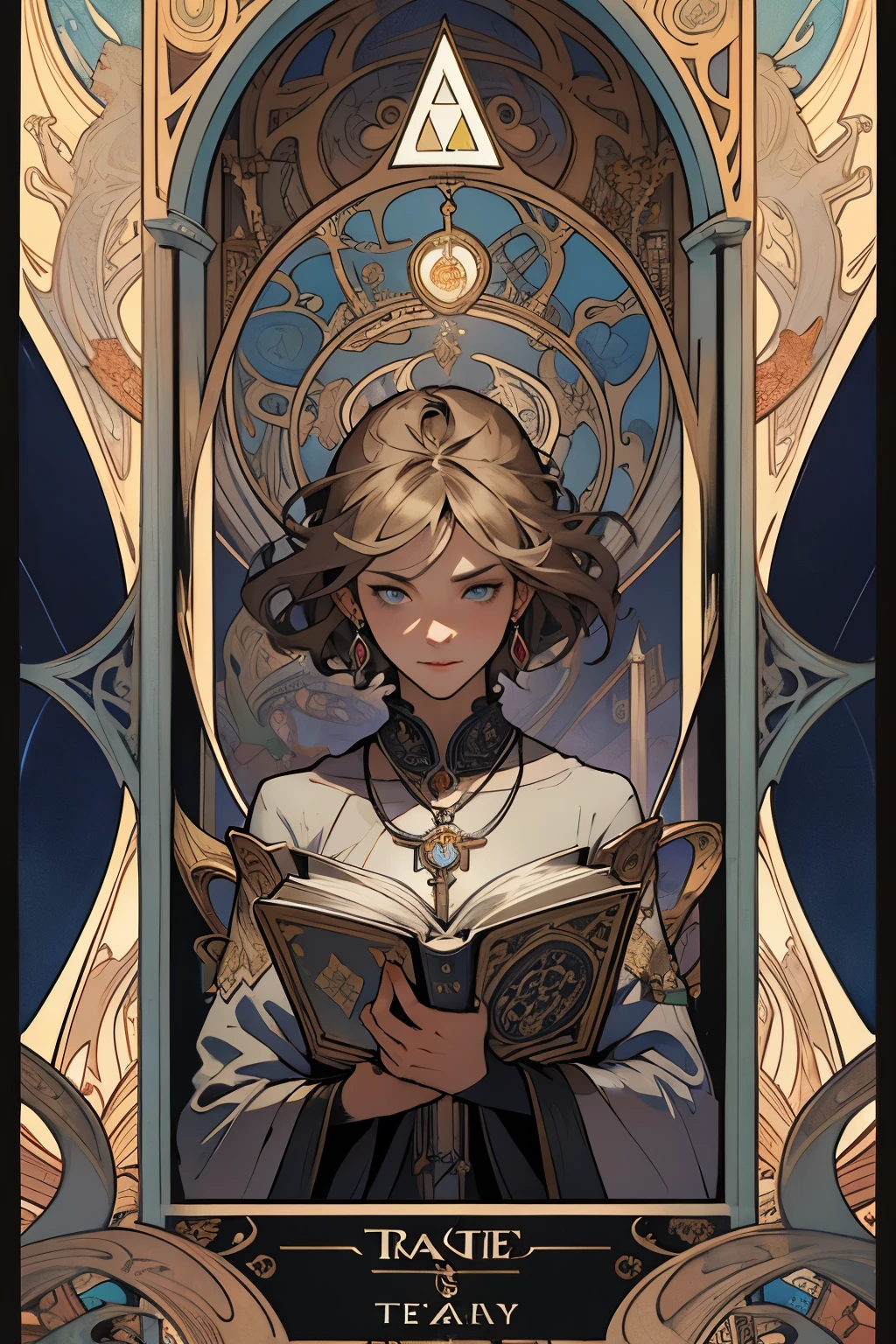 1 mature lady, short brown hair, light blue eyes,traveler, magician coat, silver key on the necklace, floating books, teleport doors, (zendispute, mandala, dispute, endispute: 0.6), (fractal art style), chaos in its most beautiful form, tarot card border in the front, mucha art style, steam Punk