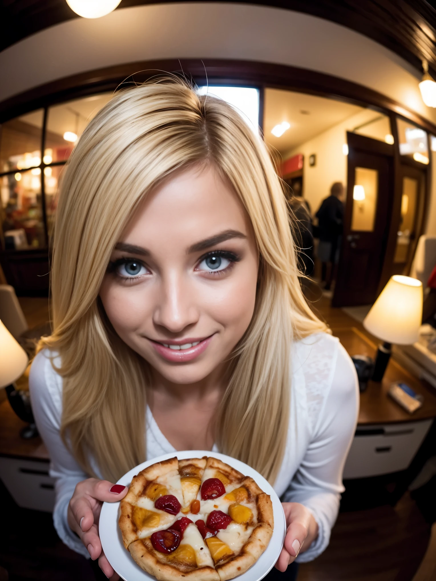 (((fisheye 16mm lens)))), extreme closeup, from above, Bright colors, laughing, An ultra hot gorgeous European woman, 23 years old, blonde hair, long hair, she’s eating a slice of pizza in snowy winter village, At night.