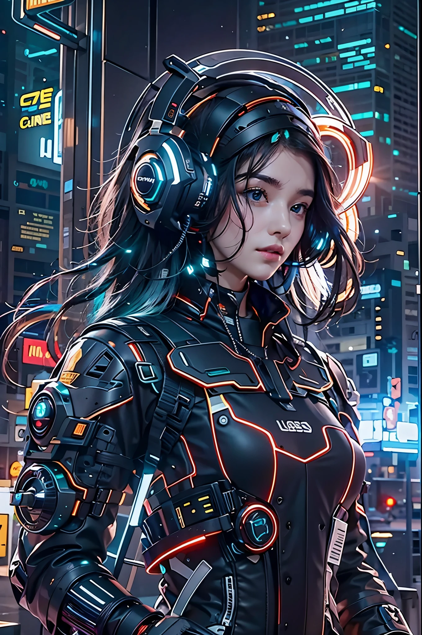 best quality,masterpiece,16k,1girl,black hair,glowing,headphones,lips,long hair,necklace,parted lips,realistic,A VR like luminous screen on the forehead,Looking at the camera,Helmets and earphones with super complex structures,Integrated mechanical helmet earphones,solo,Oblique side close-up,Robot arm,upper body,Luminous earphones,Mechanical earphones,Mechanical helmet,Glowing Helmet,night,Urban background, neon lights, skyscrapers
