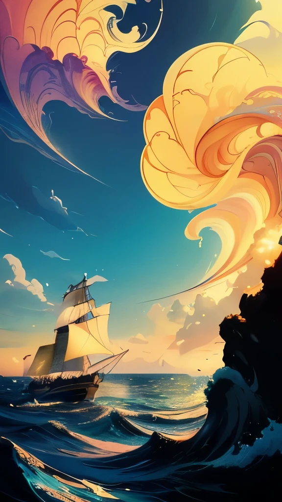 (intricately illustrated) sailing boat, vibrant colors, detailed waves, majestic clouds, sparkling sunlight, realistic ocean reflection, mesmerizing artwork, picturesque scenery, professional artistry, fine brushstrokes, expertly crafted, stunning composition, masterful use of perspective, dynamic movement, intricate rigging, billowing sails, graceful curves, serene atmosphere, peaceful journey, a sense of adventure, traditional maritime charm, rich nautical history, nostalgic feel, timeless beauty, captivating artwork.+(best quality,4k,8k,highres,masterpiece:1.2), ultra-detailed, (realistic,photorealistic,photo-realistic:1.37), HDR, UHD, vivid colors, sharp focus, studio lighting, fine art technique, perfect blend of light and shadow, expertly captured luminosity, breathtaking creation.