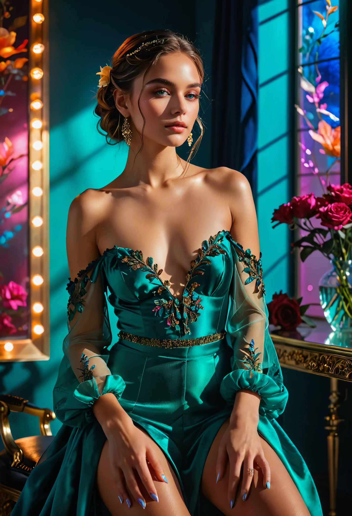 beauty art, vibrant colors, bright lighting, studio setting, fine details, high-resolution (best quality, 4k, ultra-detailed), with a touch of surrealism, delicate brushstrokes, realistic shadows, captivating expression, soft background, elegant pose, fashionable attire, modern aesthetic, dreamy atmosphere, sensual vibes, enchanting charm.