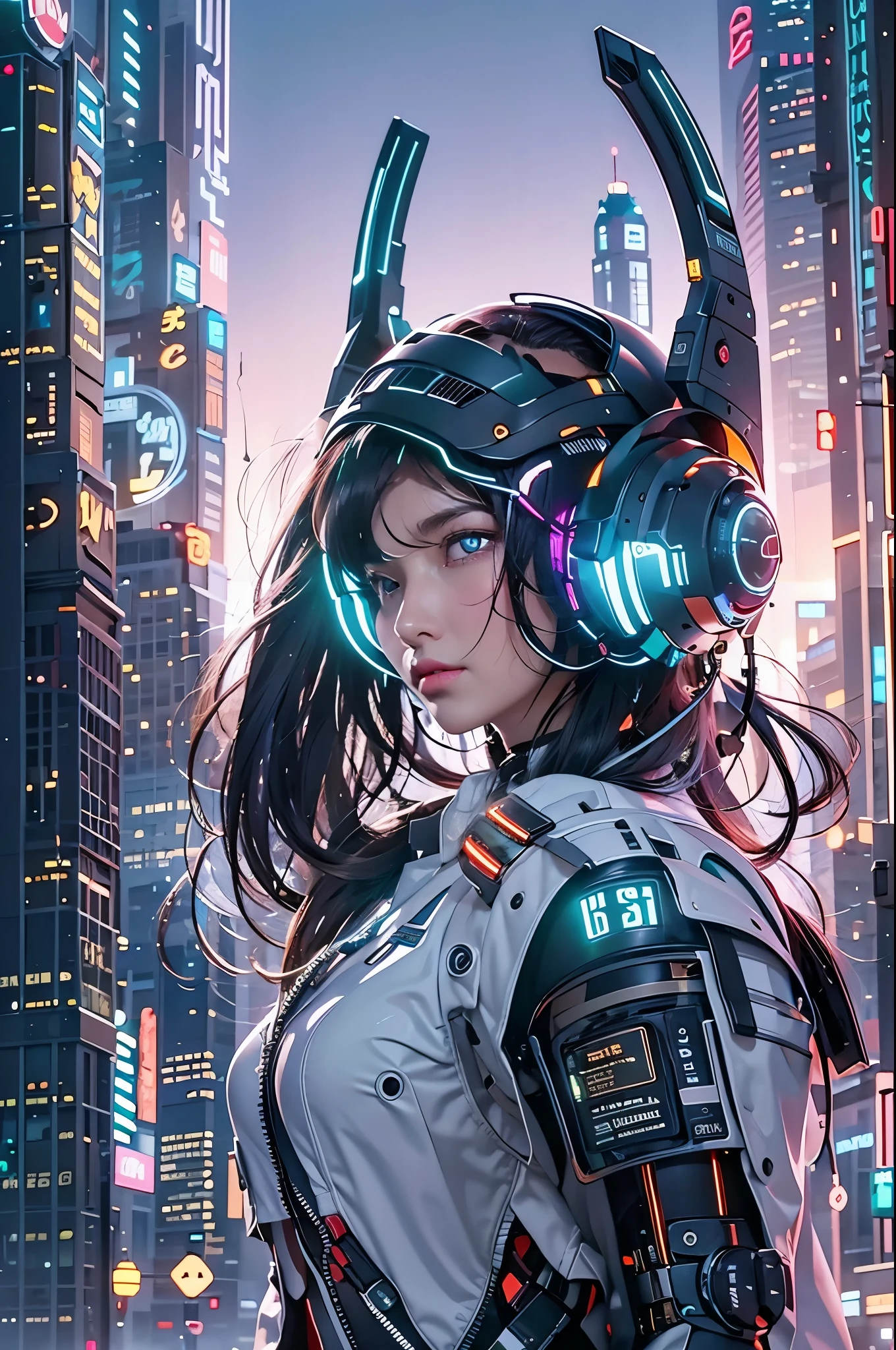 best quality，masterpiece，16k，1girl,black hair,glowing,headphones,lips,long hair,necklace,parted lips,realistic,A VR like luminous screen on the forehead,Looking at the camera,Helmets and earphones with super complex structures,Integrated mechanical helmet earphones,solo,Oblique side close-up,Robot arm,upper body,Luminous earphones,Mechanical earphones,Mechanical helmet,Glowing Helmet,night,Urban background, neon lights, skyscrapers