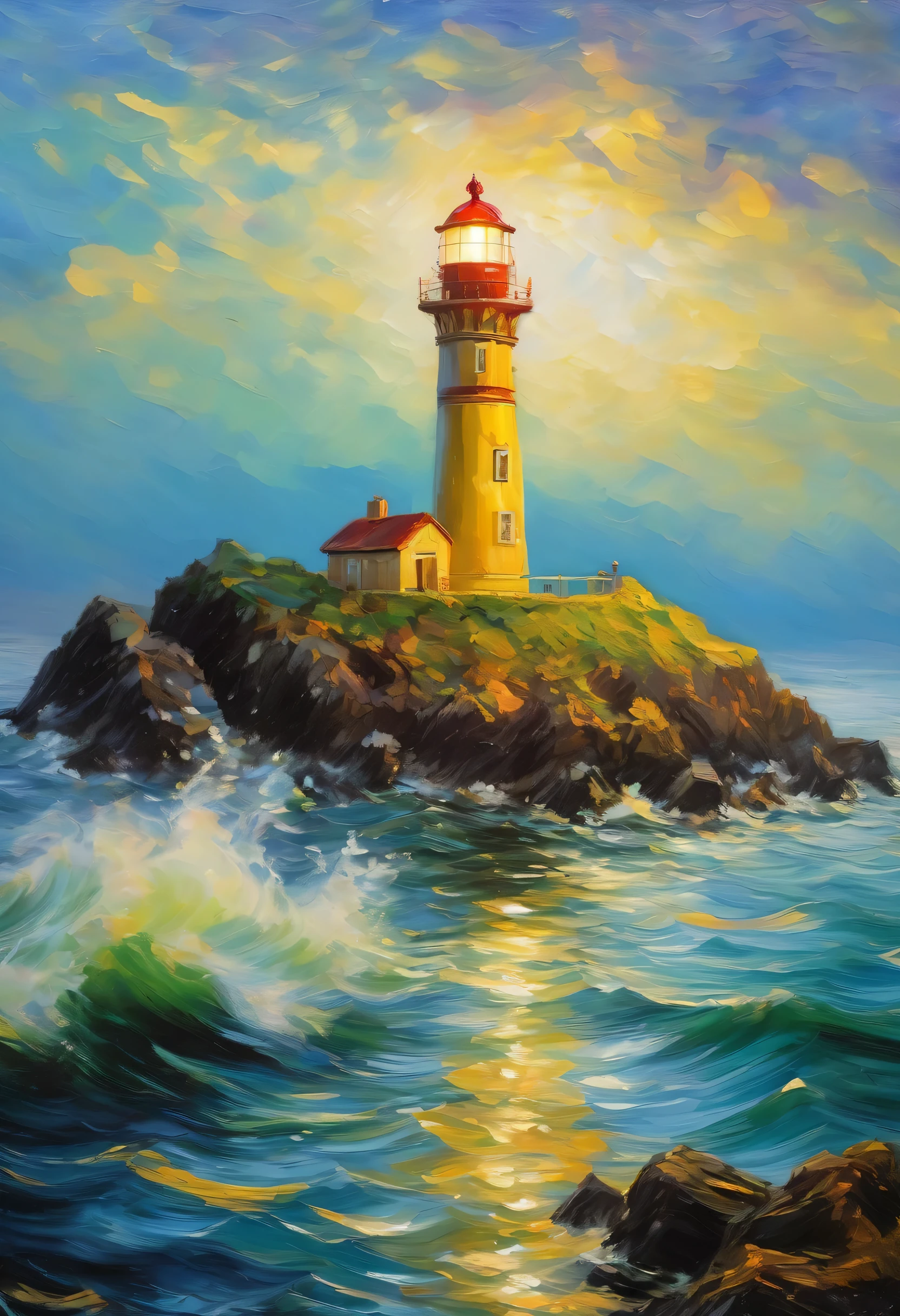 lighthouse seen from the sea,lighthouse seen from a boat,Landscape painting,border between day and night,Lighthouse Lights,sense of security,rendering,Monet's painting style,masterpiece,oil,small details,intricate details