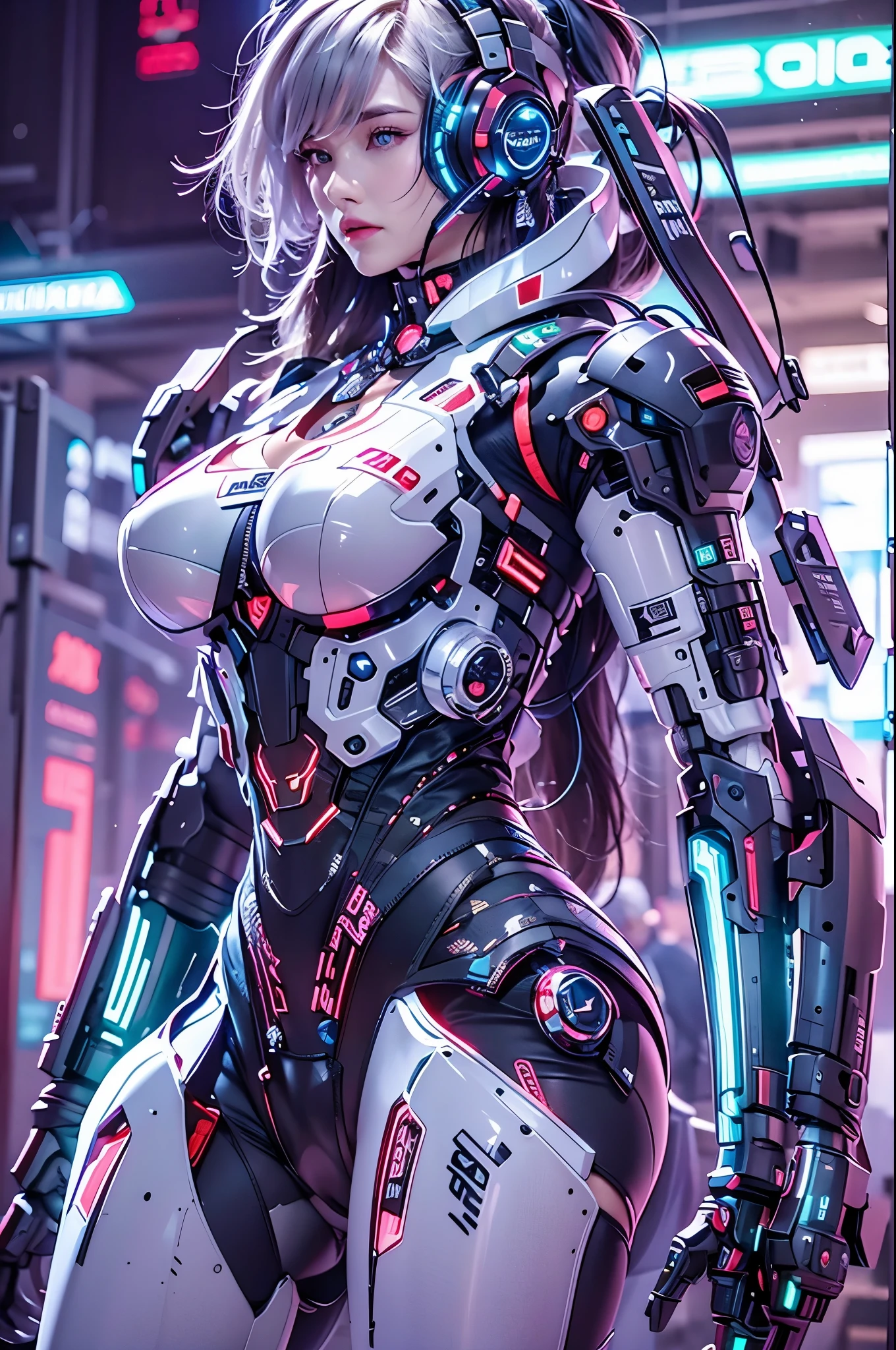 best quality,masterpiece,16k,1girl,blue eyes,cyberpunk,glowing,headphones,headset,mechanical parts,medium breasts,Black to white gradient hair,neon lights,Full body silver and black mecha,Luminous text on the chest,Square column structure arm,Silver chest and abdomen mecha,Oblique lateral body,Above the buttocks,Shoulder camera lens structure,Neck protection,Upper body,Robot arm,Chest glowing text,realistic,robot joints,science fiction,solo,Mecha,Hard surface,Realistic materials,Luminous earphones,Glowing mecha,Multi light source mecha,building,city,night