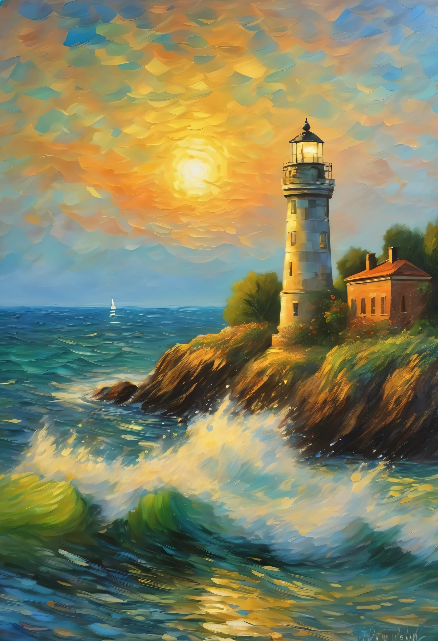 lighthouse seen from the sea,lighthouse seen from a boat,Landscape painting,border between day and night,Lighthouse Lights,sense of security,rendering,Monet's painting style,masterpiece,oil,small details,intricate details