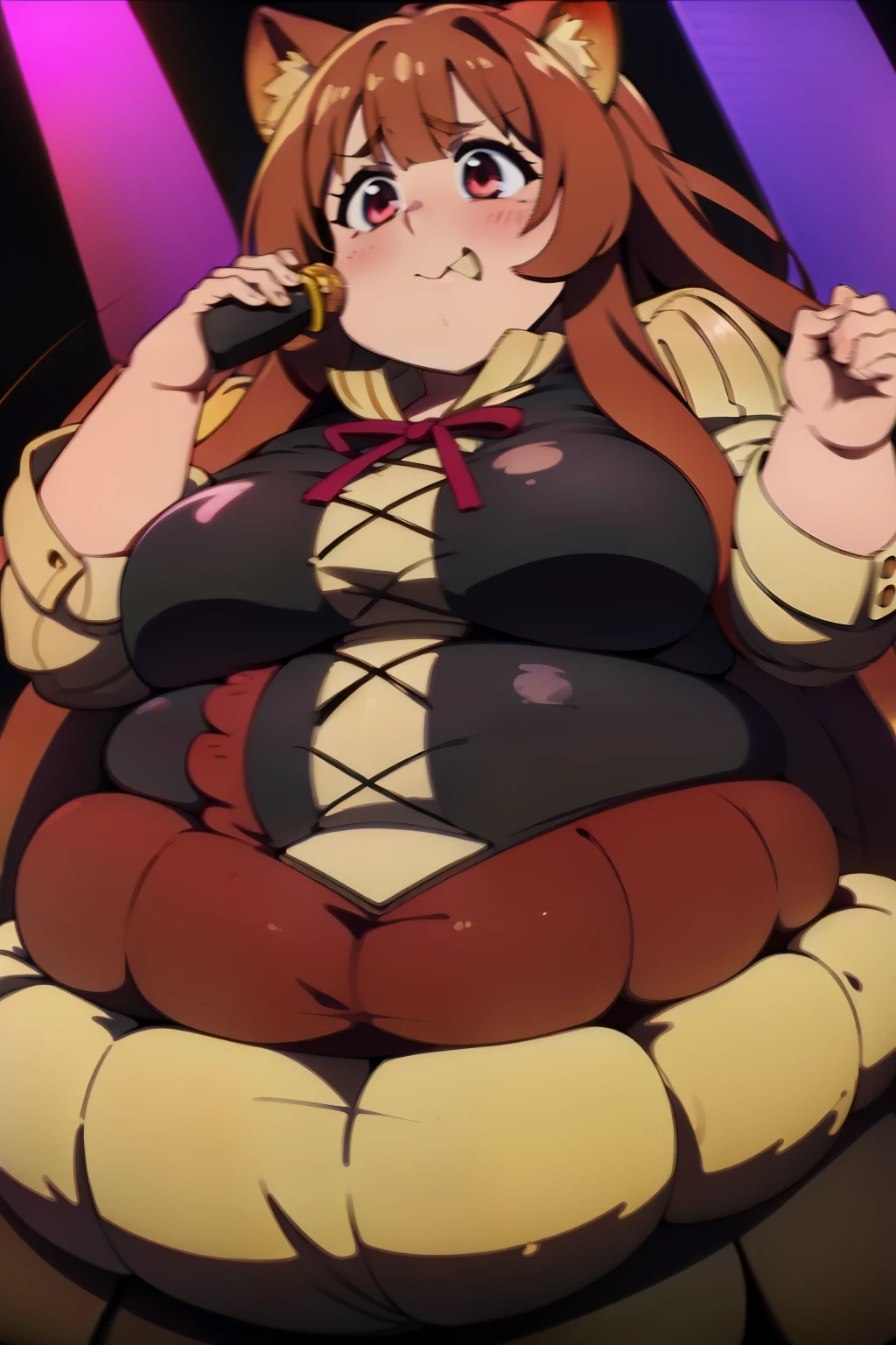 Raphtalia fat, force feed, obese, fat, fatter, round, rotund, food in the hands, grab belly, overeating, stuffed raccoon, red suit, massive fat, huge fat, glutton, gluttony, gluttonous, voracious, fatness proud