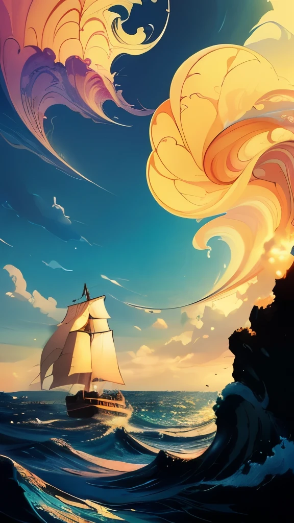 (intricately illustrated) sailing boat, vibrant colors, detailed waves, majestic clouds, sparkling sunlight, realistic ocean reflection, mesmerizing artwork, picturesque scenery, professional artistry, fine brushstrokes, expertly crafted, stunning composition, masterful use of perspective, dynamic movement, intricate rigging, billowing sails, graceful curves, serene atmosphere, peaceful journey, a sense of adventure, traditional maritime charm, rich nautical history, nostalgic feel, timeless beauty, captivating artwork.+(best quality,4k,8k,highres,masterpiece:1.2), ultra-detailed, (realistic,photorealistic,photo-realistic:1.37), HDR, UHD, vivid colors, sharp focus, studio lighting, fine art technique, perfect blend of light and shadow, expertly captured luminosity, breathtaking creation.