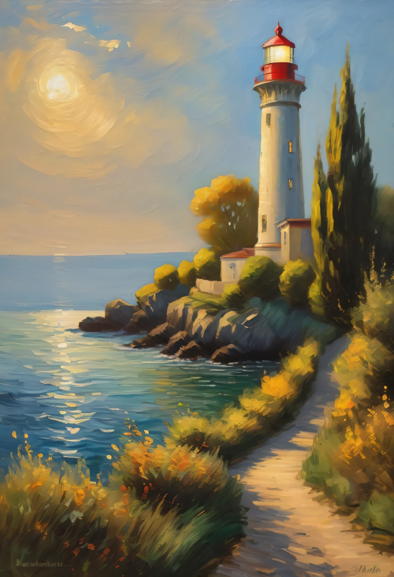 lighthouse seen from the sea,lighthouse seen from a boat,Landscape painting,border between day and night,Lighthouse Lights,sense of security,rendering,Monet's painting style,masterpiece,oil,small details,intricate details