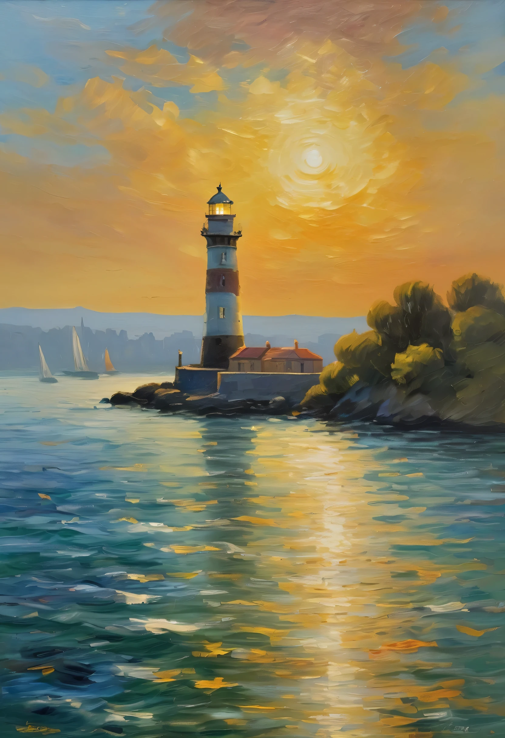 lighthouse seen from the sea,lighthouse seen from a boat,Landscape painting,border between day and night,Lighthouse Lights,sense of security,rendering,Monet's painting style,masterpiece,oil,small details,intricate details