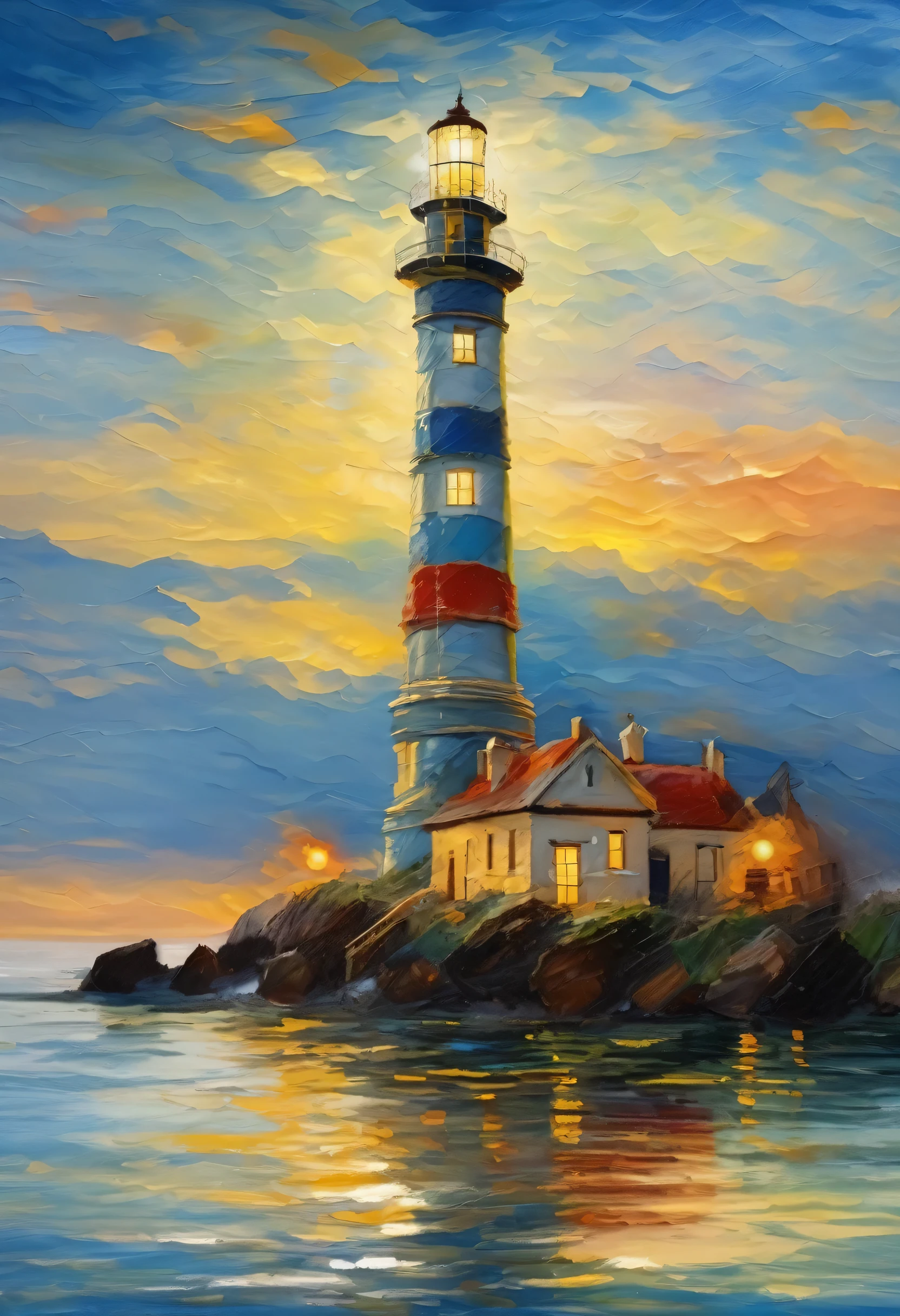 lighthouse seen from the sea,lighthouse seen from a boat,Landscape painting,border between day and night,Lighthouse Lights,sense of security,rendering,Monet's painting style