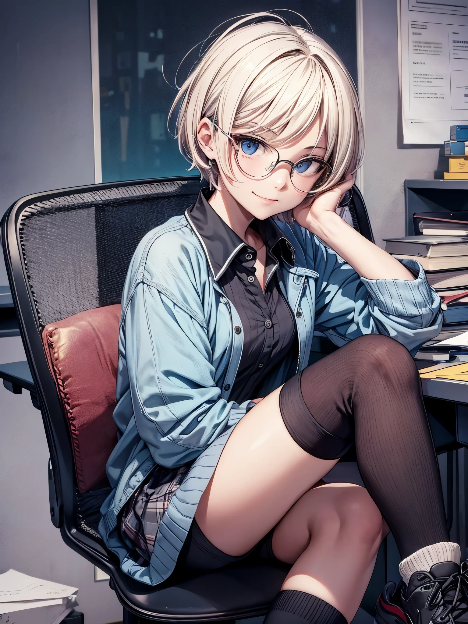 Inside the school,inside the classroom,desk,chair,one 18-aged girl, blonde short hair colored mixed blue hair, sitting on the chair, ((spreading her legs)),wearing glasses,grin, smile,natural-make-up,high school uniform,blouse, skirts, ((black high socks,sneakers))