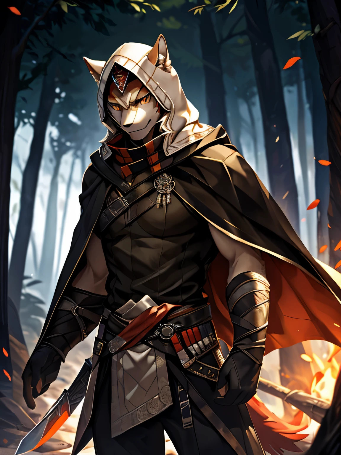 4k, ,8K, A high resolution, best quality, perfect colors, perfect shadows, perfect lighting, posted on e621, (by Chunie), male, furry, Hung (/arknights/) anthro, ( tail), solo, fur, Orange eyes, (Realistic eye details 1.2), Assassin's creed suit wear, white assassin robe, hidden blades, equip dual hidden blade's, Assassin's Creed style cape, blade's in hand, fighting pose, fighting, in a panoramic view, abs, masterpiece, Slim body, full body like, walking through a burning Rain forest, dramatic lighting, soft lighting, day, highly detail, Hair coiled, a sharp gaze, a gaze of killing intent, fit body, perfect male figure, Detailed fur, Detailed face, (Complex), (Super Detail), (Ultra Clear), (Best Quality)