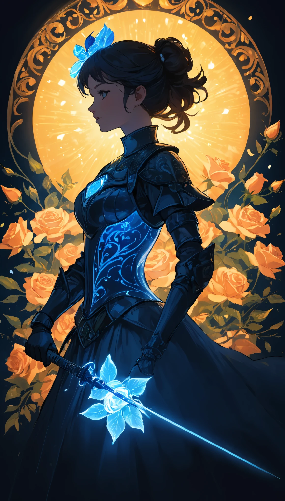 [[[artist by mucha and WLOF]]]，best quality,4k,highres,masterpiece:1.2,ultra-detailed,realistic:1.37,studio lighting,sharp focus,physically-based rendering,extreme detail description,professional,vivid colors,bokeh,(HDR,UHD),(oil painting),(portraits) dark background, blue electric charges, bioluminescence, electric girl knight, silhouette, stylized, rose