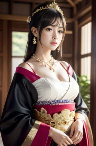 araffe woman in a kimono with a gold crown and a pearl necklace, a beautiful fantasy empress, palace , a girl in hanfu, japanese goddess, ((a beautiful fantasy empress)), ancient chinese princess, beautiful render of tang dynasty, trending on cgstation, asian hyperdetailed, japonisme 3 d 8 k ultra detailed, anime goddess