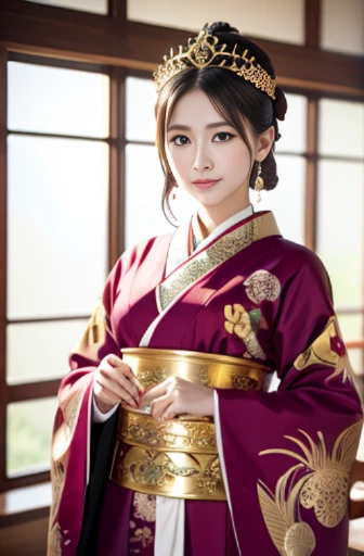 araffe woman in a kimono with a gold crown and a pearl necklace, a beautiful fantasy empress, palace , a girl in hanfu, japanese goddess, ((a beautiful fantasy empress)), ancient chinese princess, beautiful render of tang dynasty, trending on cgstation, asian hyperdetailed, japonisme 3 d 8 k ultra detailed, anime goddess