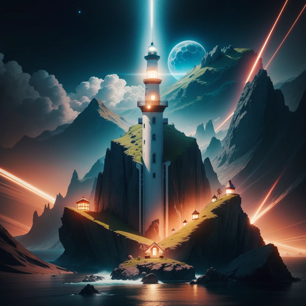 a view of a lighthouse with lights shining on the top of it, Beeple. hyperrealism, by Beeple, lighthouse, realism | Beeple, max rive, artem demura Beeple, Beeple |, Beeple daily art, Beeple global illumination, Written by Adam Marcinski, light house