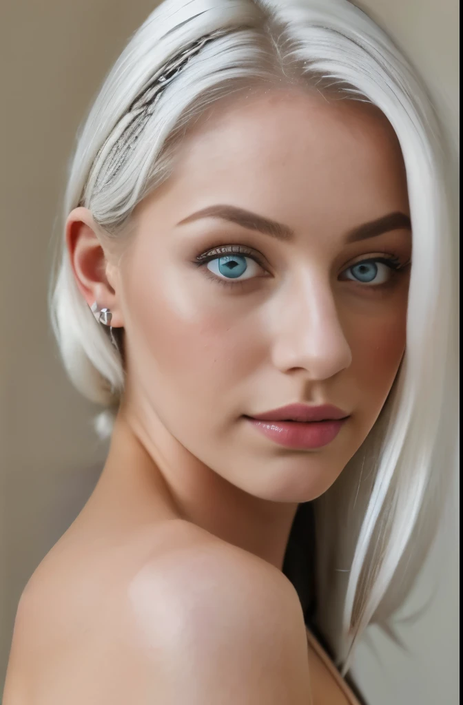 (Masterpiece: 1.2, highest quality), (real photo, intricate details), 1 Lady, Solo, Upper body, Casual, shoulder length hair, Minimal makeup, Natural fabric, Face close-up, Smile, Home, white hair, blue eyes, cat ears,