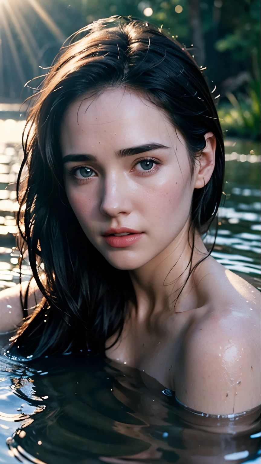 close up portrait of a cute woman (Jennifer Connelly) bathing in a river, reeds, (backlighting), realistic, masterpiece, Soaked in water, Topless, Upper breasts, highest quality, lens flare, shade, bloom, [[chromatic aberration]], by Jeremy Lipking, by Antonio J. Manzanedo, digital painting,