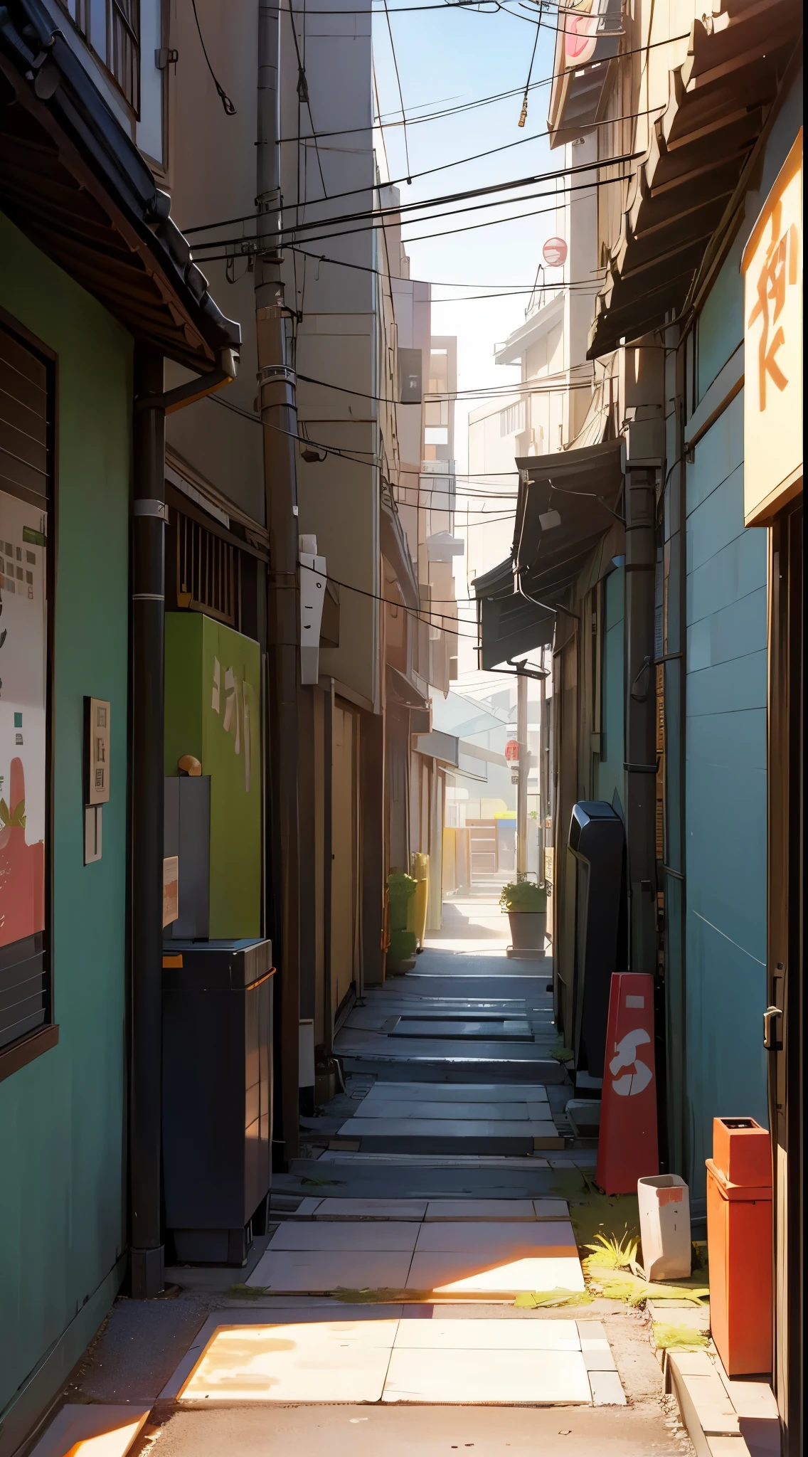 anime background, anime wallpaper, anime, anime style, anime aesthetic, compact urban japanese alley, modern japanese coffee shop, golden lighting coming out of coffee shop window, narrow pathway, plant pots, trees, rocks, trash cans, gutters, pipes, telephone wires, air vents, air ventilation systems, japanese banners, japanese shop signs, japanese billboard, no one in sight, no people, empty street, (no one: 1), best quality, mid day, modern japan architecture, tokyo,