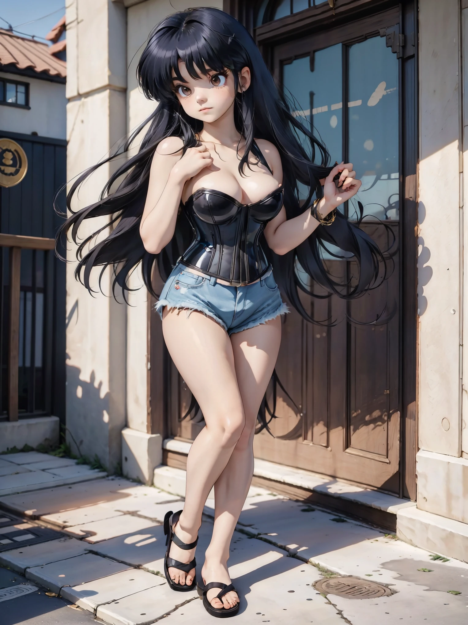 Anime girl with dark bluish hair in denim shorts and a latex corset, 16 years old, beautiful body, big breasts, with her hands on her waist, hands in her hair, Sexy girl, bluish hair, side strands of hair with a pink bow, strands of hair with a bow on the side of the face, beautiful lighting, soft shadows, brown eyes, beautiful toned legs, short hair, anime style, hand on the waist, hand in the hair, character Akane Tendo, Author Rumiko Takahashi, Based on a work by Rumiko Takahashi, Anime Ranma 1 / 2, sexy cleavage, robust hips, full body, full body, big bust, young girl with nice and beautiful body, sandals on her feet, girl 16 years young, wearing denim shorts and lstex corset, anime girl, anime style, beautiful feet in sandals, 45° viewing angle, outdoors, big breast, beautiful breasts, black hair, sandals on feet, beautiful legs, sexy, beautiful legs, Sandals, big breasts, full body, full body, feet with sandals, big bust