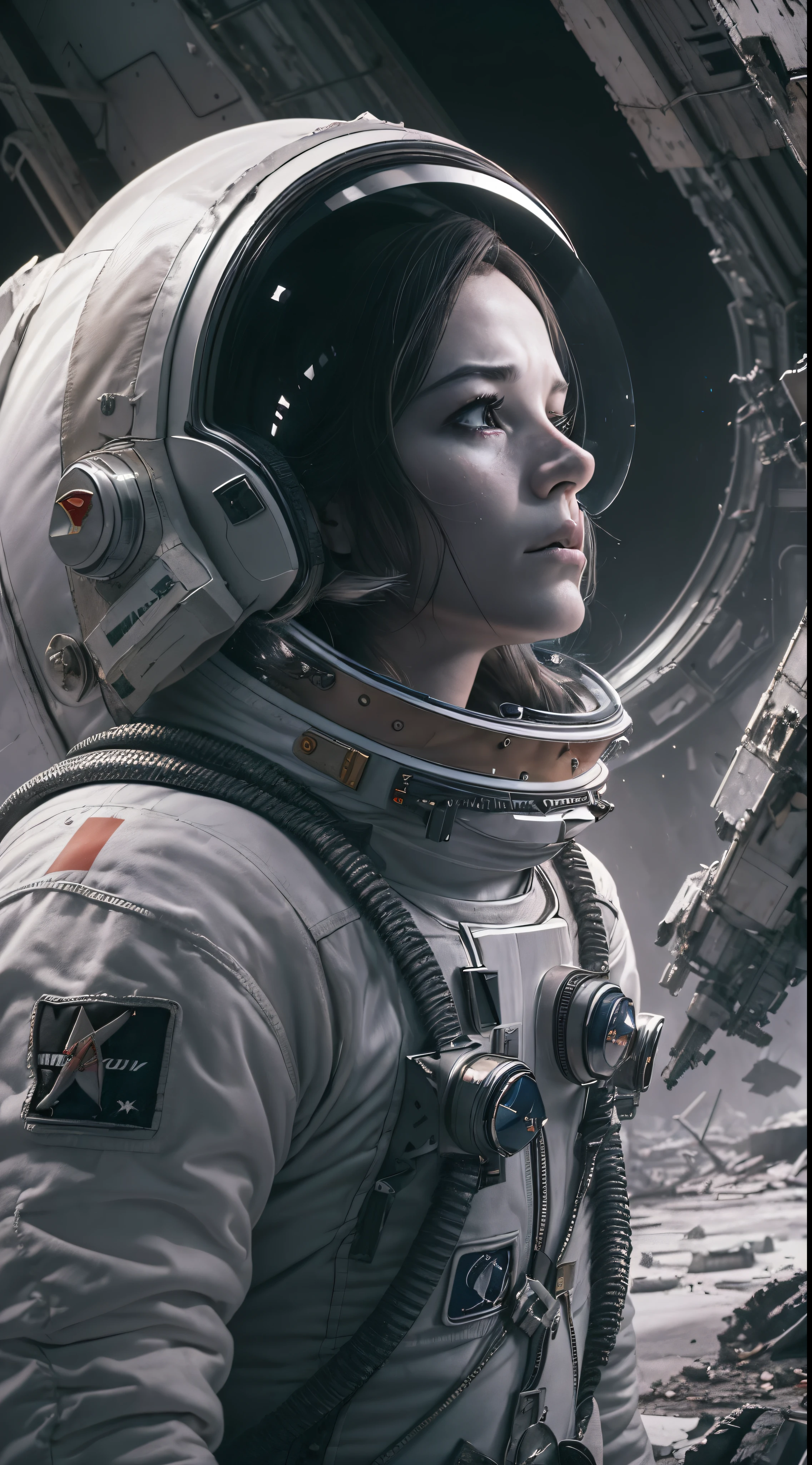 ((a lonely Soviet astronaut)), surrounded by the wreckage of a destroyed spaceship, female, corpo esguio, Amanda Conner, Joelle Jones, Apenas Bartel, Tula Lotay, Momoko style peach, retrato digital, monochrome, Dramatic, intenso, devastado, Luto, perdido, desamparado, vagando, procurando, intenso, Dramatic lighting