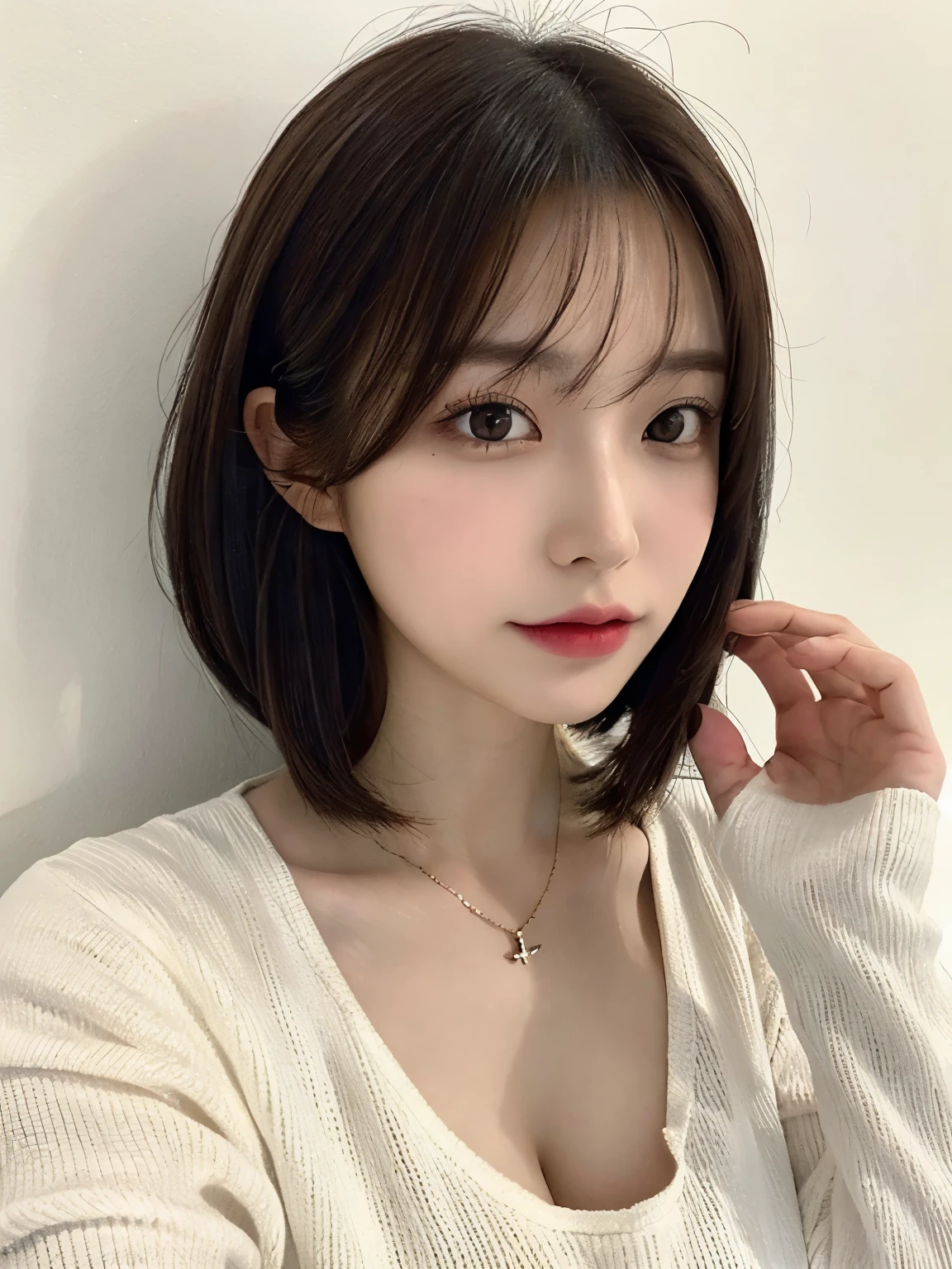 (Highly realistic photos, High resolution, detailed face, fine eyes), ((Taken in front of a white wall))、japanese woman, 40 years old, various expressions, alone:1, slim figure, different hairstyles, casual clothes, Only one person appears in the photo、long sleeve dress、Photographed in natural light、simple necklace、spring clothes、don't look at the camera、profile、dark brown hair color、bob hair、Hands are not visible