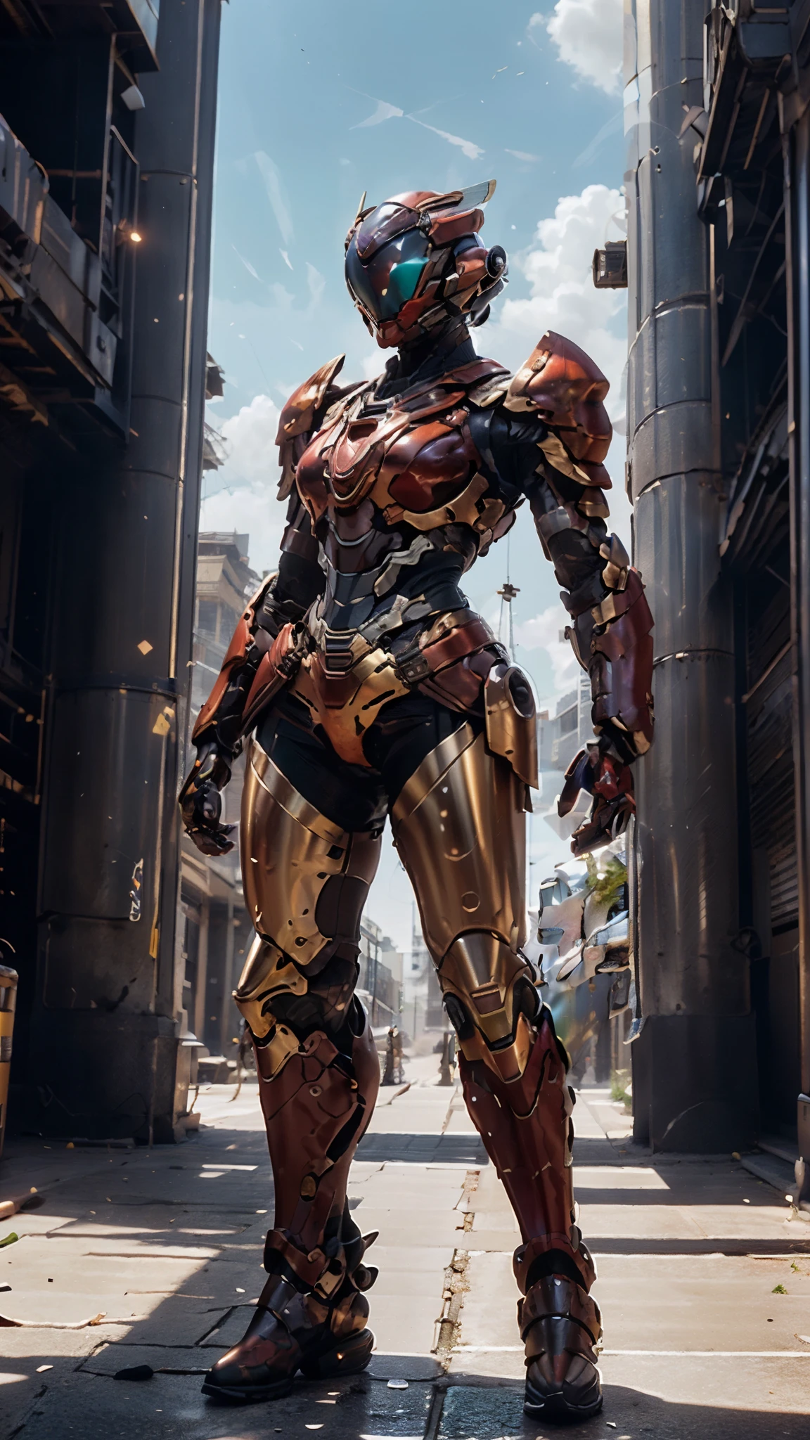A woman adorned in fantasy-style full-body armor, a crown-concept fully enclosed helmet that unveils only her eyes, a composite layered chest plate, fully encompassing shoulder and hand guards, a lightweight waist armor, form-fitting shin guards, the overall design is heavy-duty yet flexible, ((the armor gleams with a golden glow, complemented by red and blue accents)), exhibiting a noble aura, she floats above a fantasy-surreal high-tech city, this character embodies a finely crafted fantasy-surreal style armored hero in anime style, exquisite and mature manga art style, (Queen bee mixed with Spider concept Armor, Central America woman), ((elegant, goddess, femminine:1.5)), metallic, high definition, best quality, highres, ultra-detailed, ultra-fine painting, extremely delicate, professional, anatomically correct, symmetrical face, extremely detailed eyes and face, high quality eyes, creativity, RAW photo, UHD, 32k, Natural light, cinematic lighting, masterpiece-anatomy-perfect, masterpiece:1.5