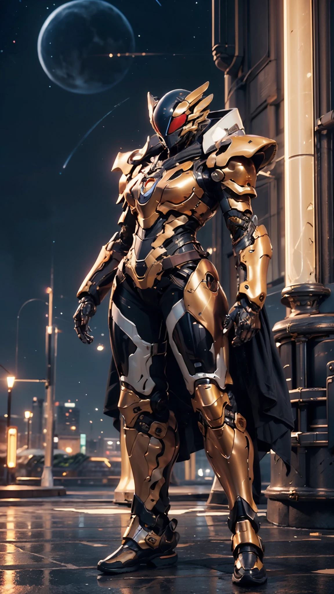 A woman adorned in fantasy-style full-body armor, a crown-concept fully enclosed helmet that unveils only her eyes, a composite layered chest plate, fully encompassing shoulder and hand guards, a lightweight waist armor, form-fitting shin guards, the overall design is heavy-duty yet flexible, ((the armor gleams with a golden glow, complemented by red and blue accents)), exhibiting a noble aura, she floats above a fantasy-surreal high-tech city, this character embodies a finely crafted fantasy-surreal style armored hero in anime style, exquisite and mature manga art style, (Queen bee mixed with Spider concept Armor, Central America woman), ((night sky, elegant, goddess, femminine:1.5)), metallic, high definition, best quality, highres, ultra-detailed, ultra-fine painting, extremely delicate, professional, anatomically correct, symmetrical face, extremely detailed eyes and face, high quality eyes, creativity, RAW photo, UHD, 32k, Natural light, cinematic lighting, masterpiece-anatomy-perfect, masterpiece:1.5